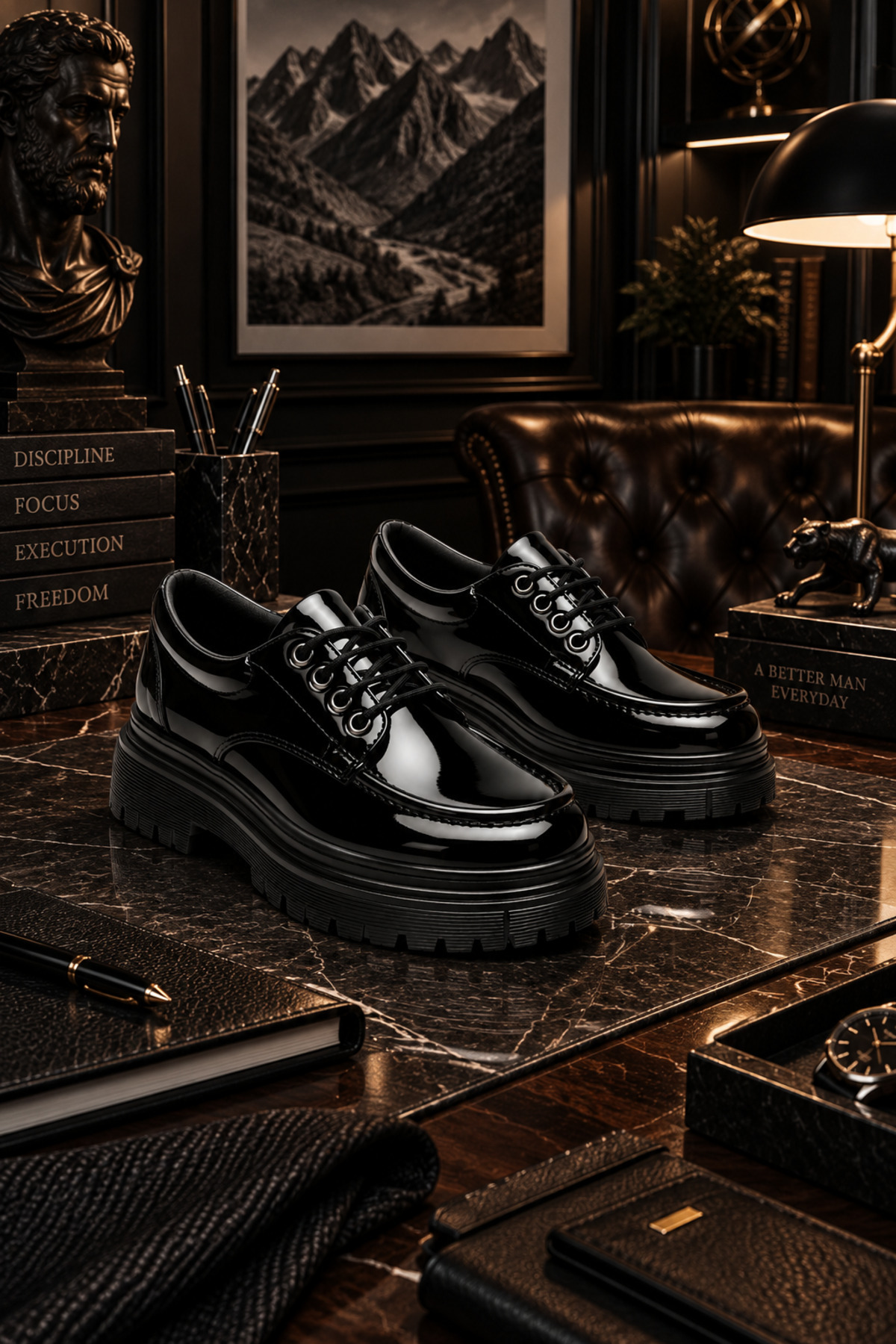 Lucy Shoes YG-13 Erkek Günlük Bağcıklı Lüks Rugan Loafer Ayakkabı RST - Siyah