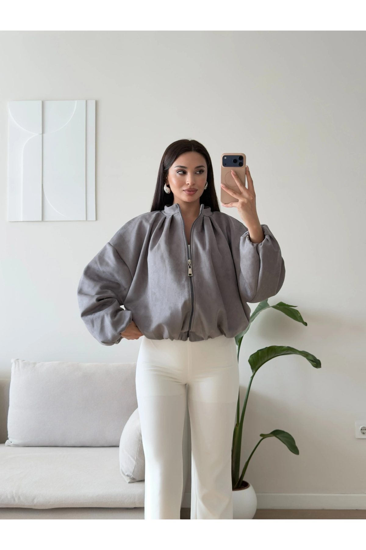 Zoom Butik Balon Kol Süet Bomber Ceket - GRİ
