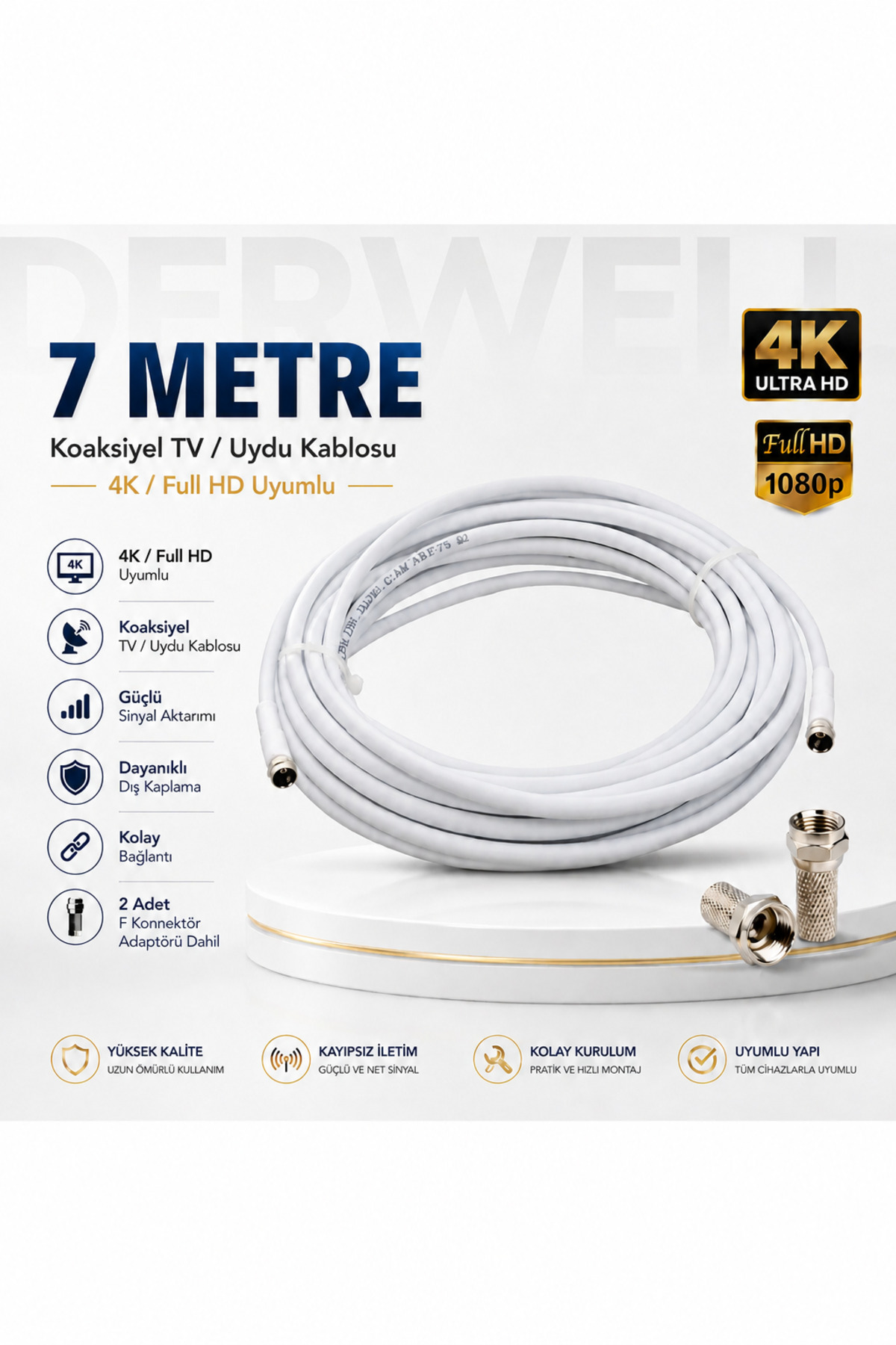 7 Metre 4K Full HD Koaksiyel TV Uydu Anten Kablosu Seti - Güçlü Sinyal Aktarımlı Dayanıklı Televizyon Kablosu - Lnb Alıcı Uyumlu Yüksek Kalite Beyaz