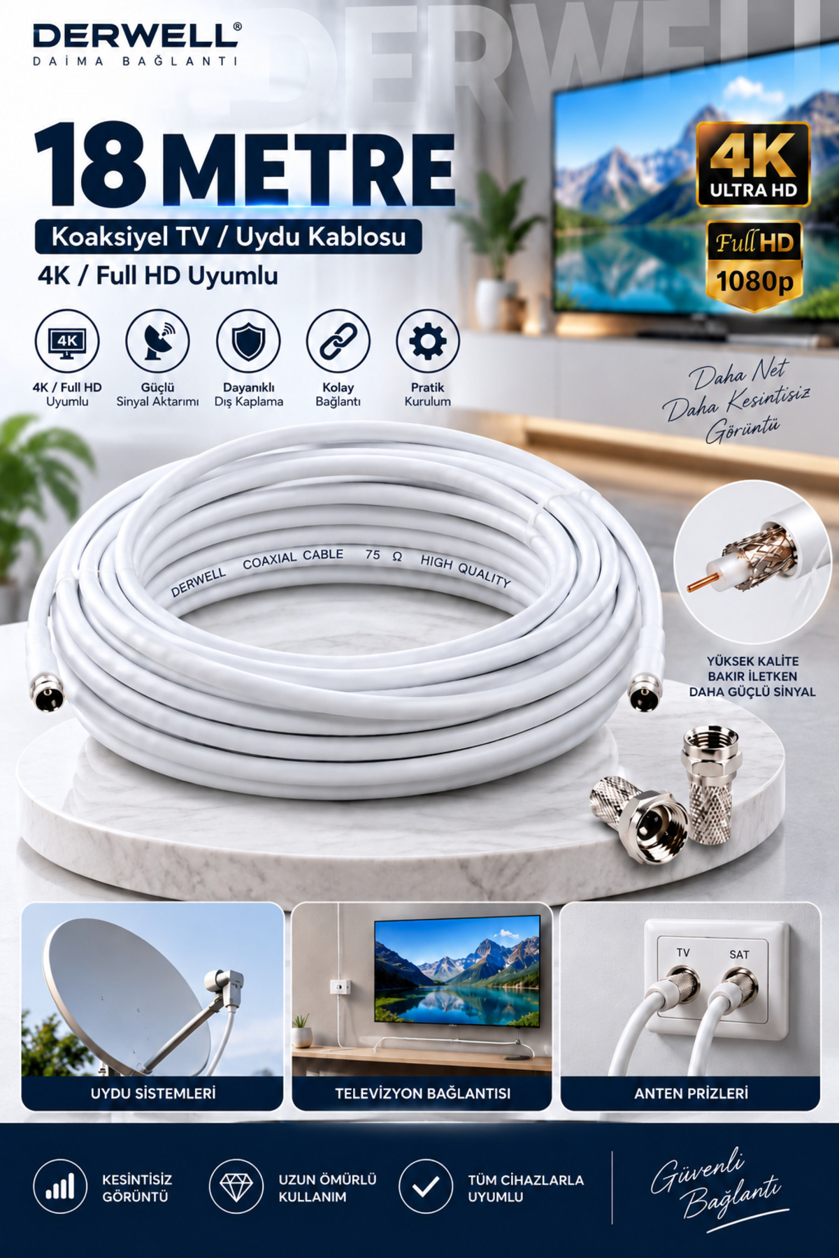 18 Metre 4K Full HD Koaksiyel TV Uydu Anten Kablosu Seti - Güçlü Sinyal Aktarımlı Dayanıklı Televizyon Kablosu - Lnb Alıcı Uyumlu Yüksek Kalite Beyaz