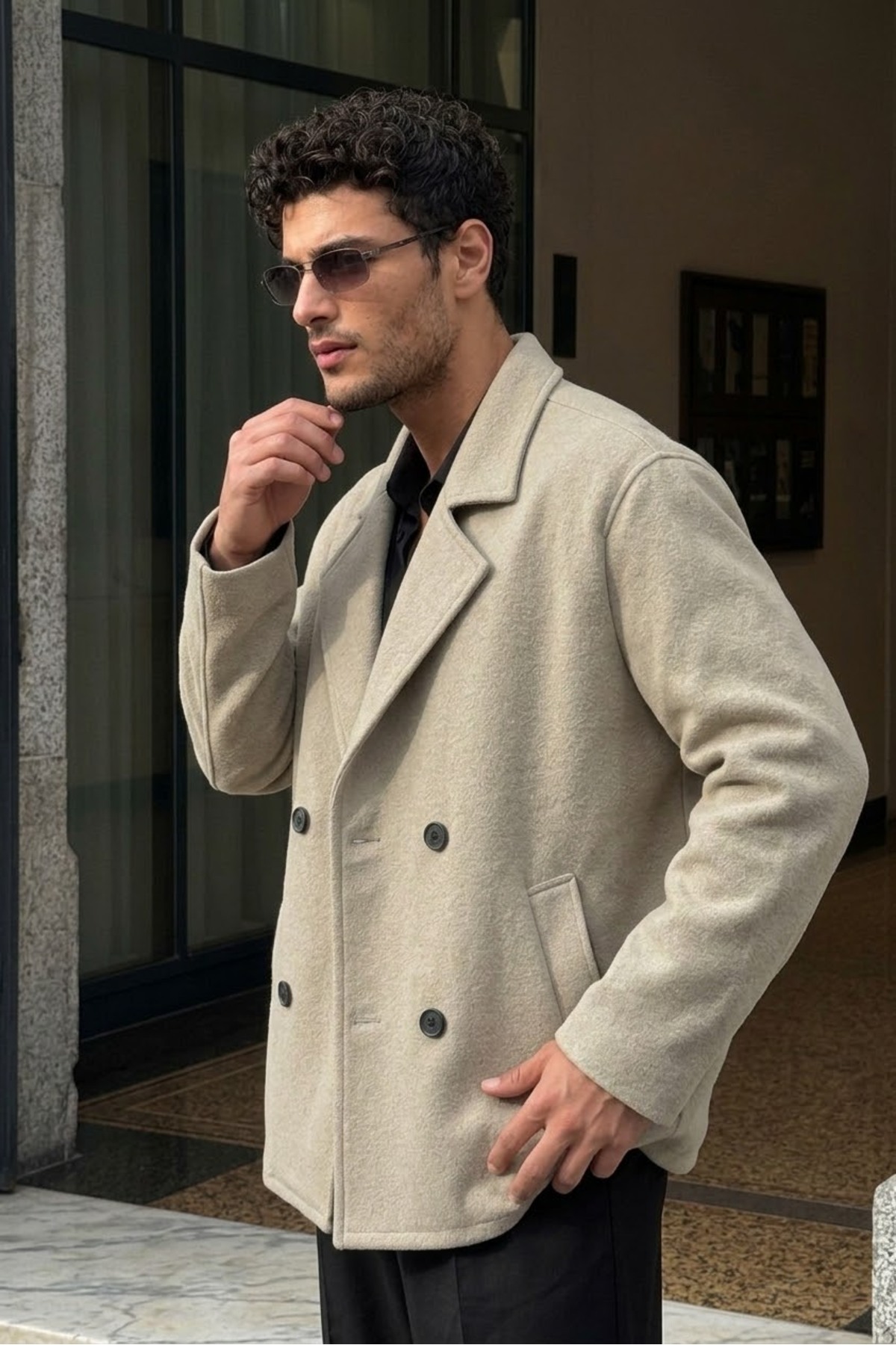 Erkek Oversize Kruvaze Kaşe Kaban — بژ 155 — تصویر 6 از 8
