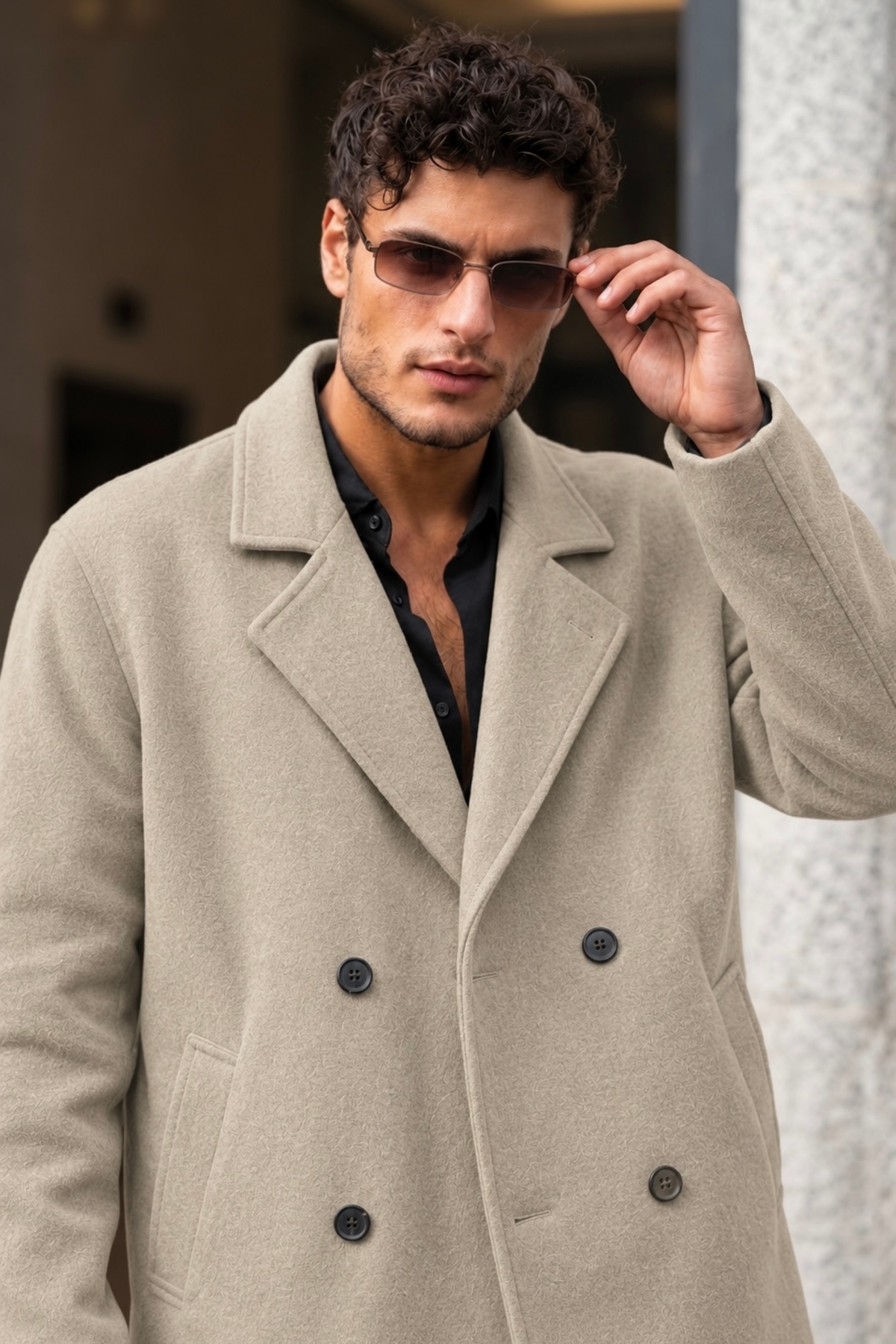 Erkek Oversize Kruvaze Kaşe Kaban — بژ 155 — تصویر 4 از 8