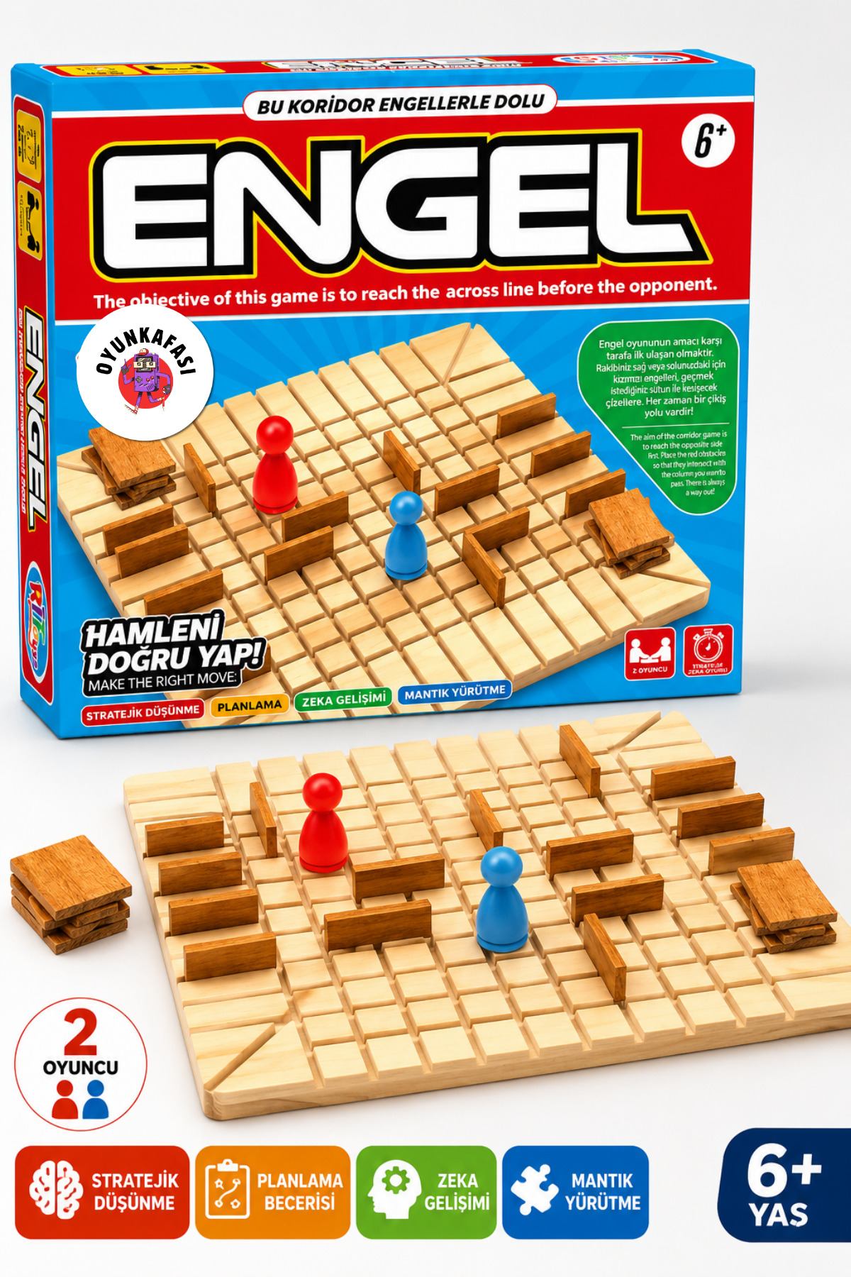 OYUNKAFASI Engel Strateji ve Koridor Oyunu – 2 Kişilik Ahşap Zeka, Mantık ve Planlama Oyunu-3 mm Ahşap Tabla 6+ Yaş