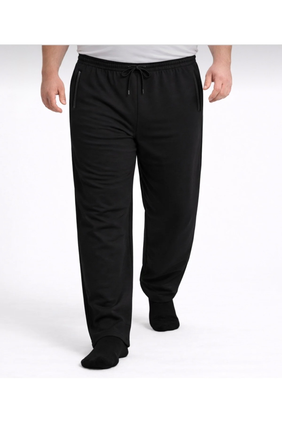 Genel Markalar Erkek Büyük Beden Siyah İki İplik kompak penye Cep Fermuarlı Eşofman Altı 3XL-4XL-5XL-6XL-7XL-8XL