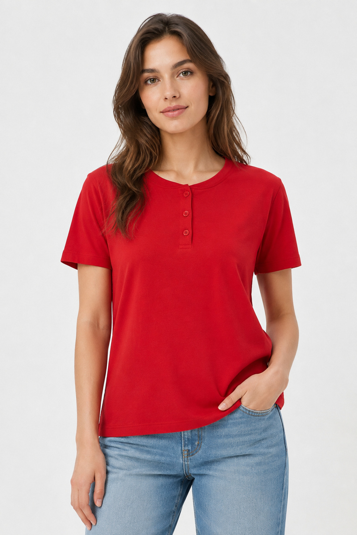 Unisex Kırmızı Düğmeli Yaka Kısa Kollu Regular Fit Basic Tişört Kırmızı
