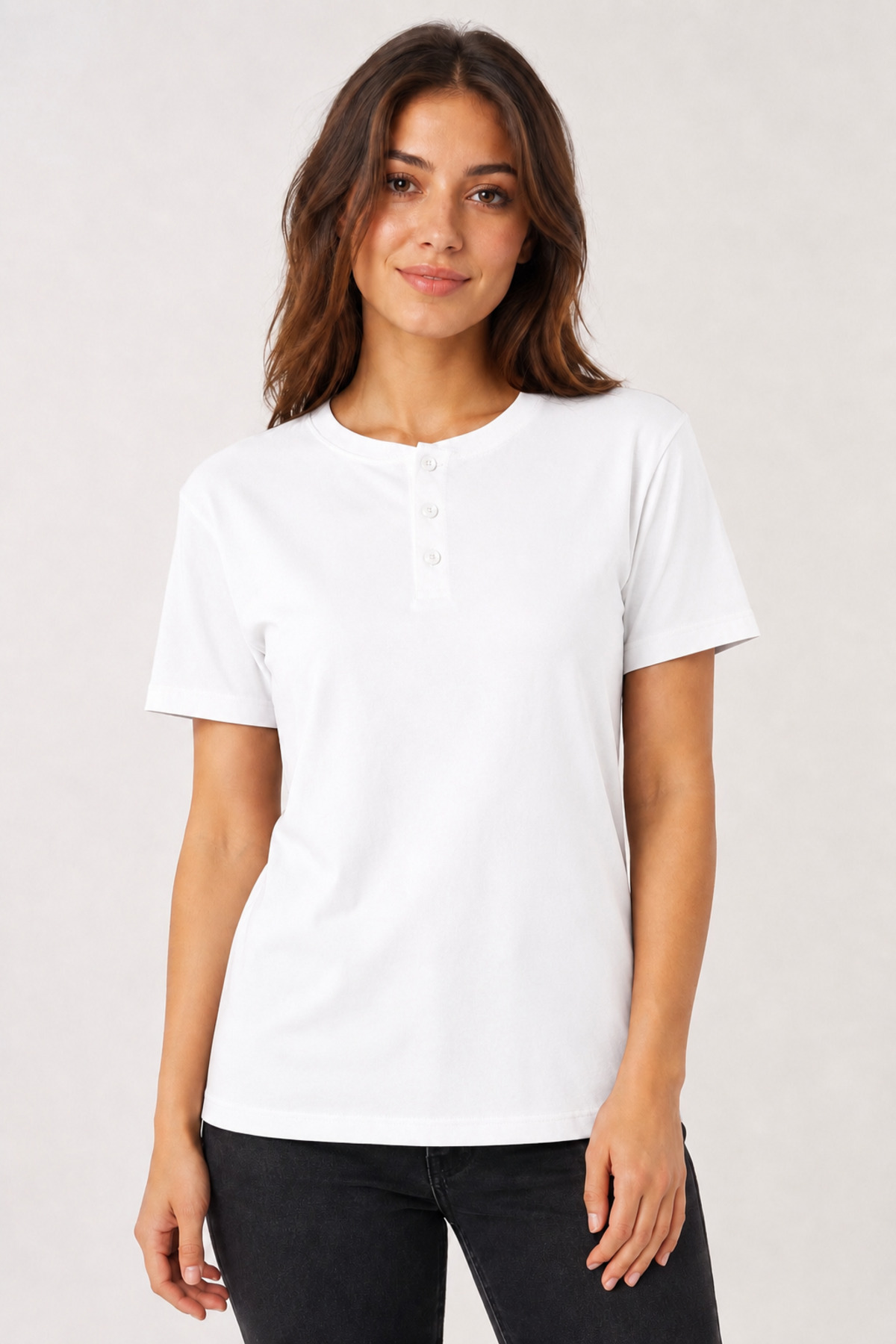 Unisex Beyaz Düğmeli Yaka Kısa Kollu Basic Tişört Beyaz