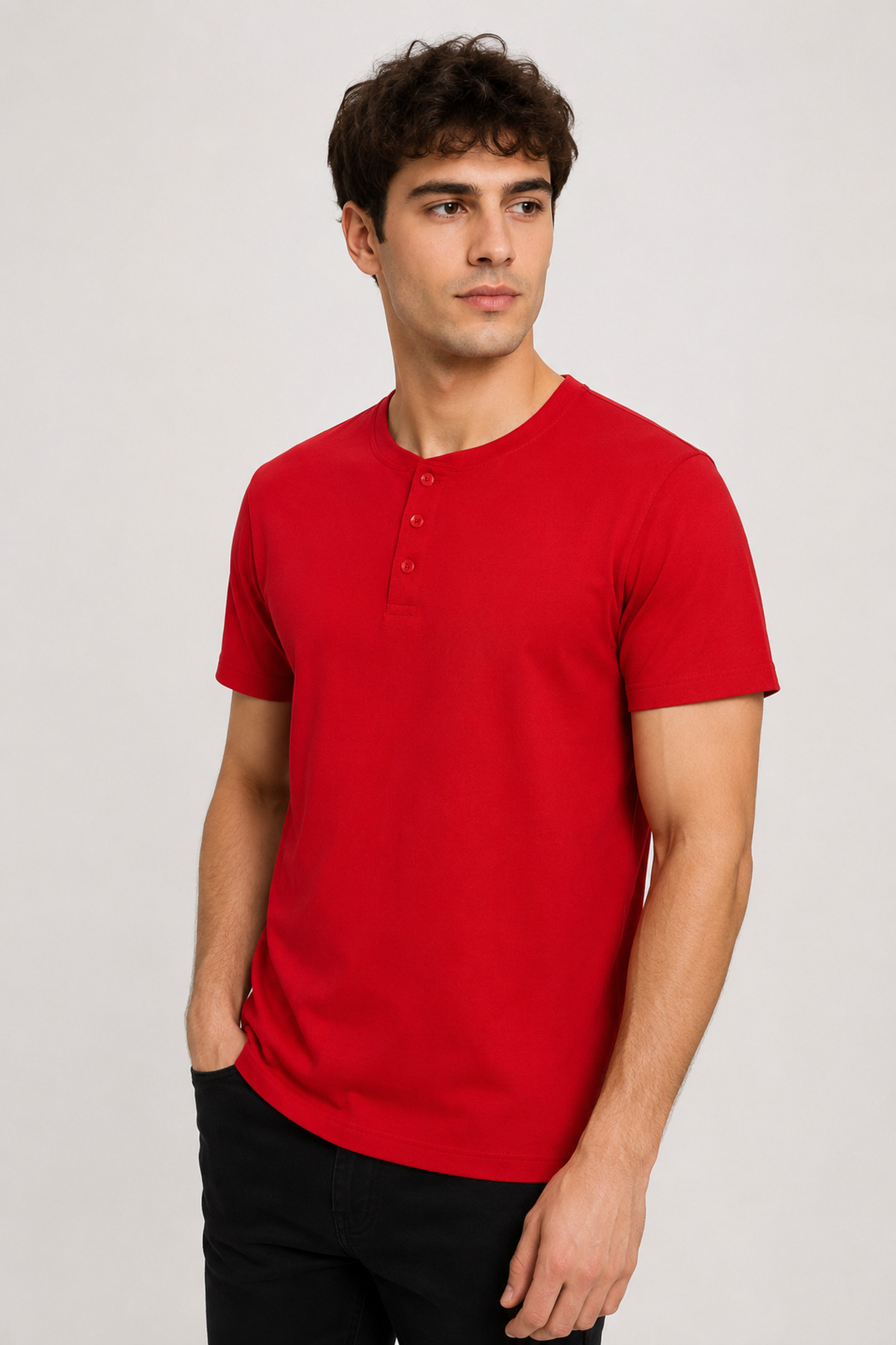 Unisex Kırmızı Düğmeli Yaka Kısa Kollu Regular Fit Basic Tişört Kırmızı · Fotoğraf 6