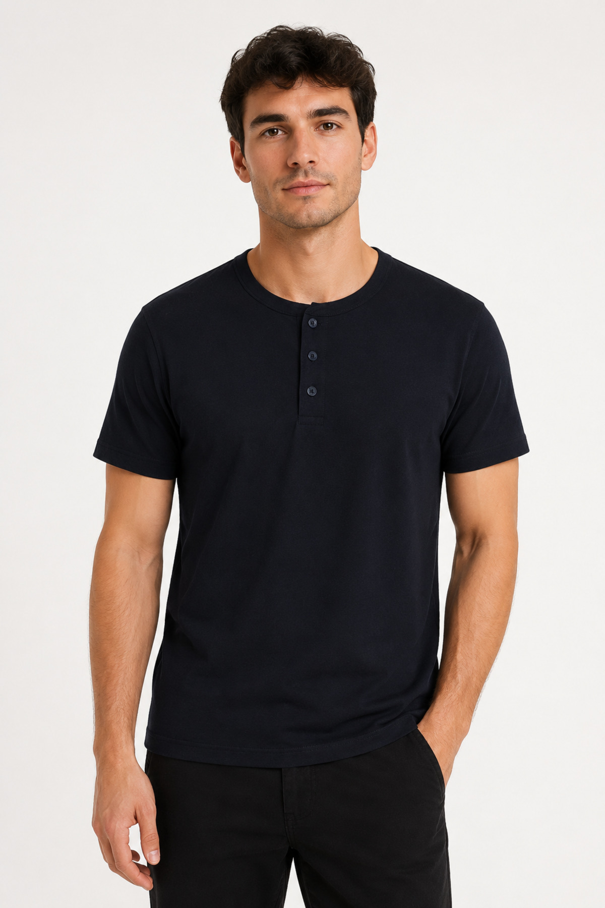 Unisex Lacivert Üç Düğmeli Yaka Kısa Kollu Regular Fit Basic Tişört Siyah · Fotoğraf 6