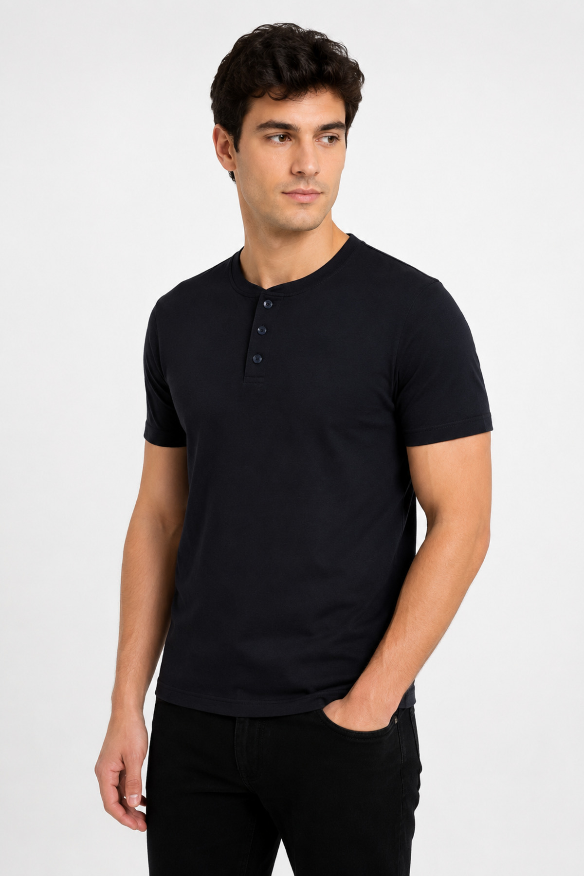 Unisex Lacivert Üç Düğmeli Yaka Kısa Kollu Regular Fit Basic Tişört Siyah · Fotoğraf 3
