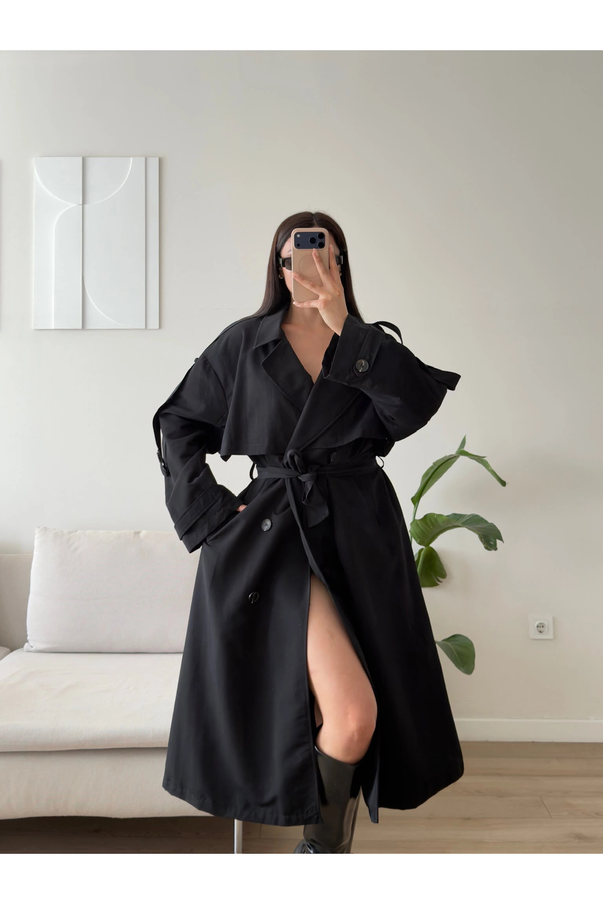 Zoom Butik Premium Kuşaklı Trençkot - SİYAH görsel 4
