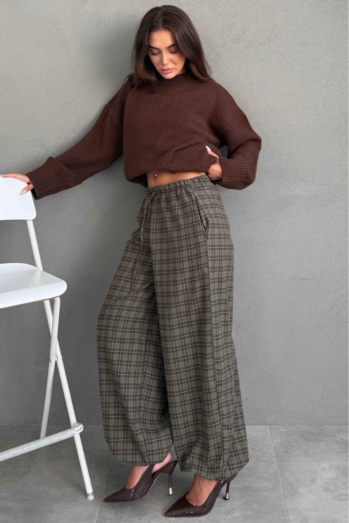 Madmext Haki Ekose Desenli Beli Lastikli Balon Pantolon MG2905 görsel 4