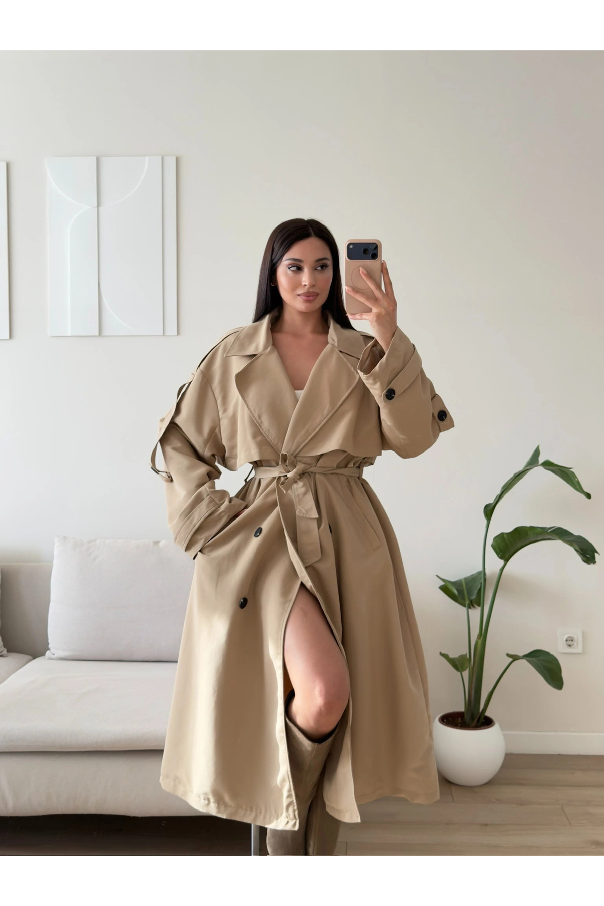Zoom Butik Premium Kuşaklı Trençkot - BEJ