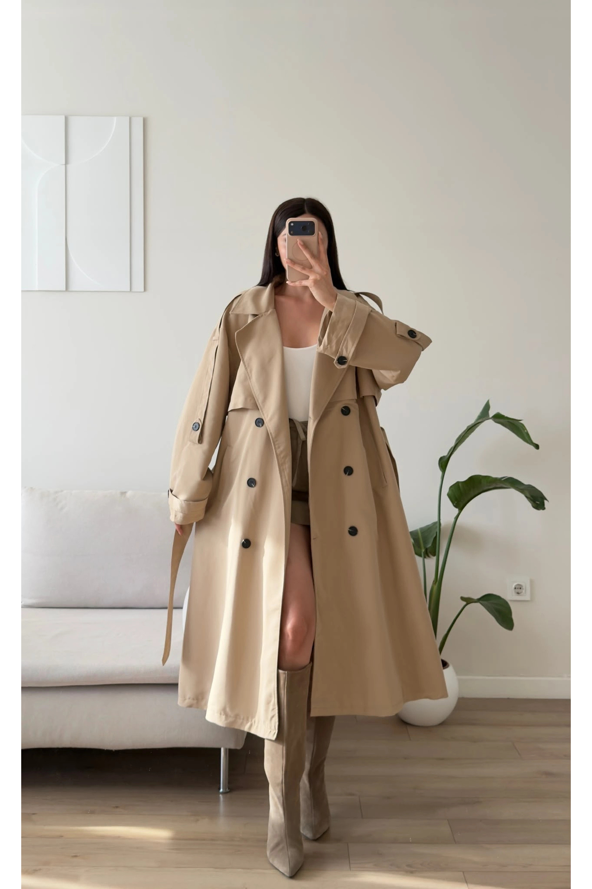 Zoom Butik Premium Kuşaklı Trençkot - BEJ görsel 3