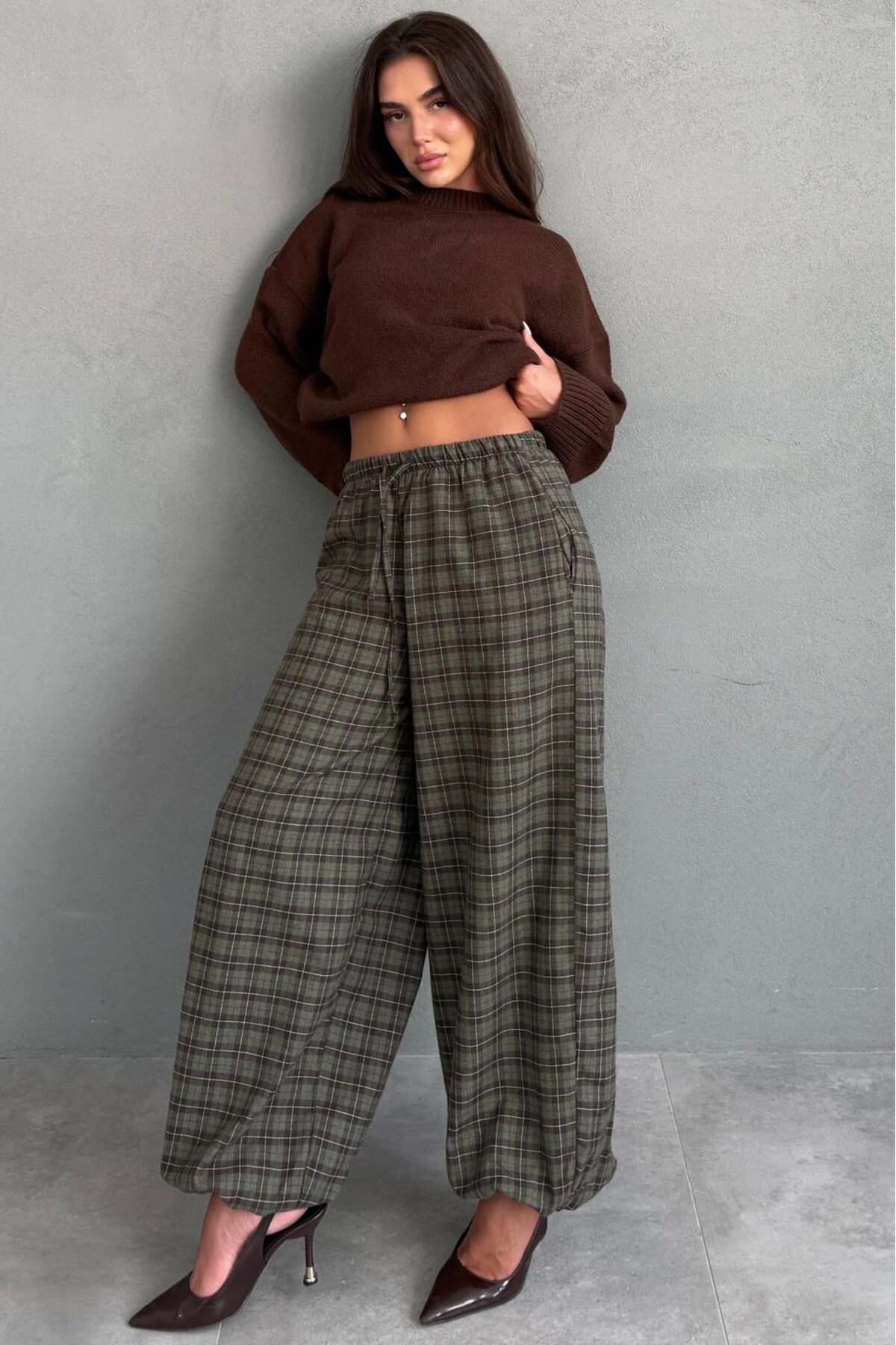 Madmext Haki Ekose Desenli Beli Lastikli Balon Pantolon MG2905 görsel 5
