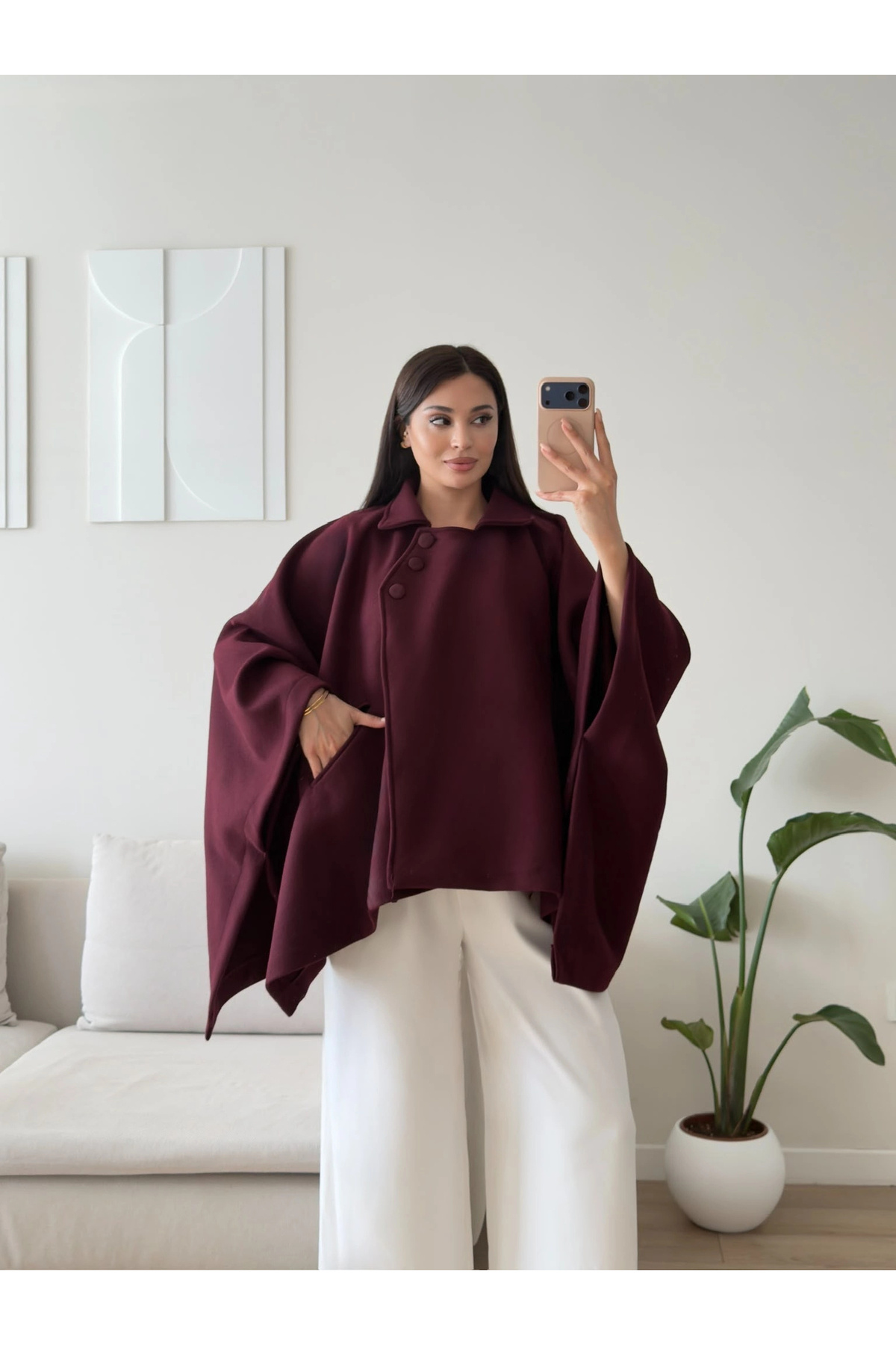Zoom Butik Düğme Detay Pelerin Panço Ceket - MÜRDÜM