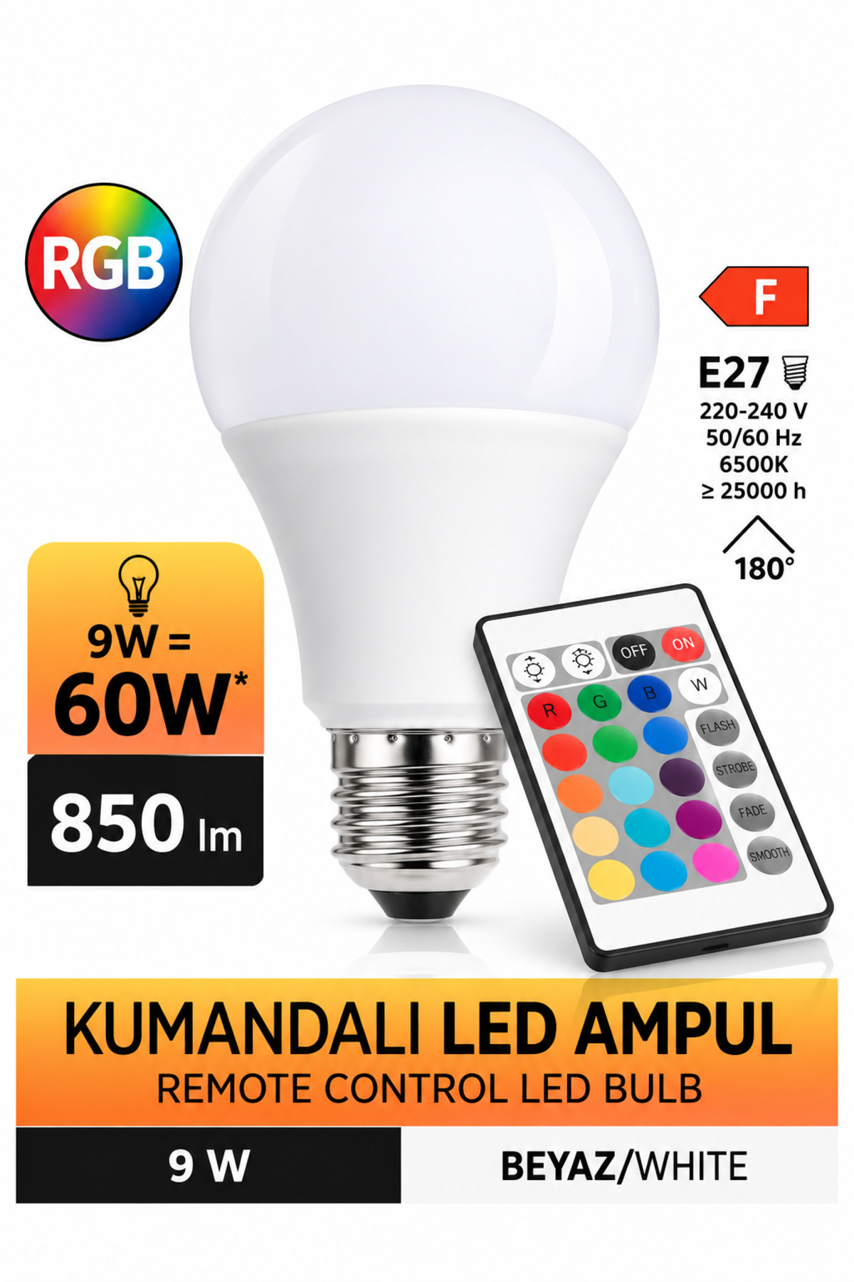 ga gözde aydınlatma Kumandalı RGB LED Ampul 9W | 60W Eşdeğer Güç | 850 Lümen E27 Duy | Uzaktan Kumandalı Renkli Aydınlatma | Ev Oda Salon Ofis İçin Pratik Kontrollü LED Ampul | RGB Işık Seçenekli Aydınlatma RGB LED Ampul