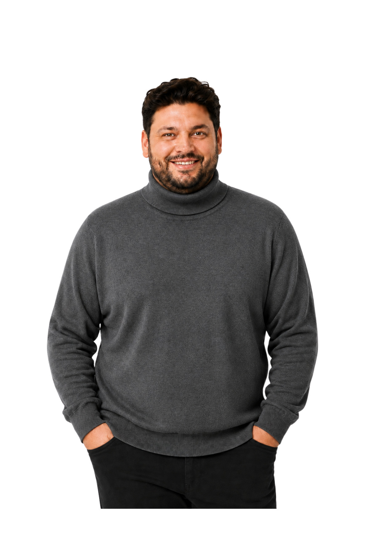BattalModa Erkek Büyük Beden Füme Tam Balıkçı Pamuklu Kazak 3XL-4XL-5XL-6XL