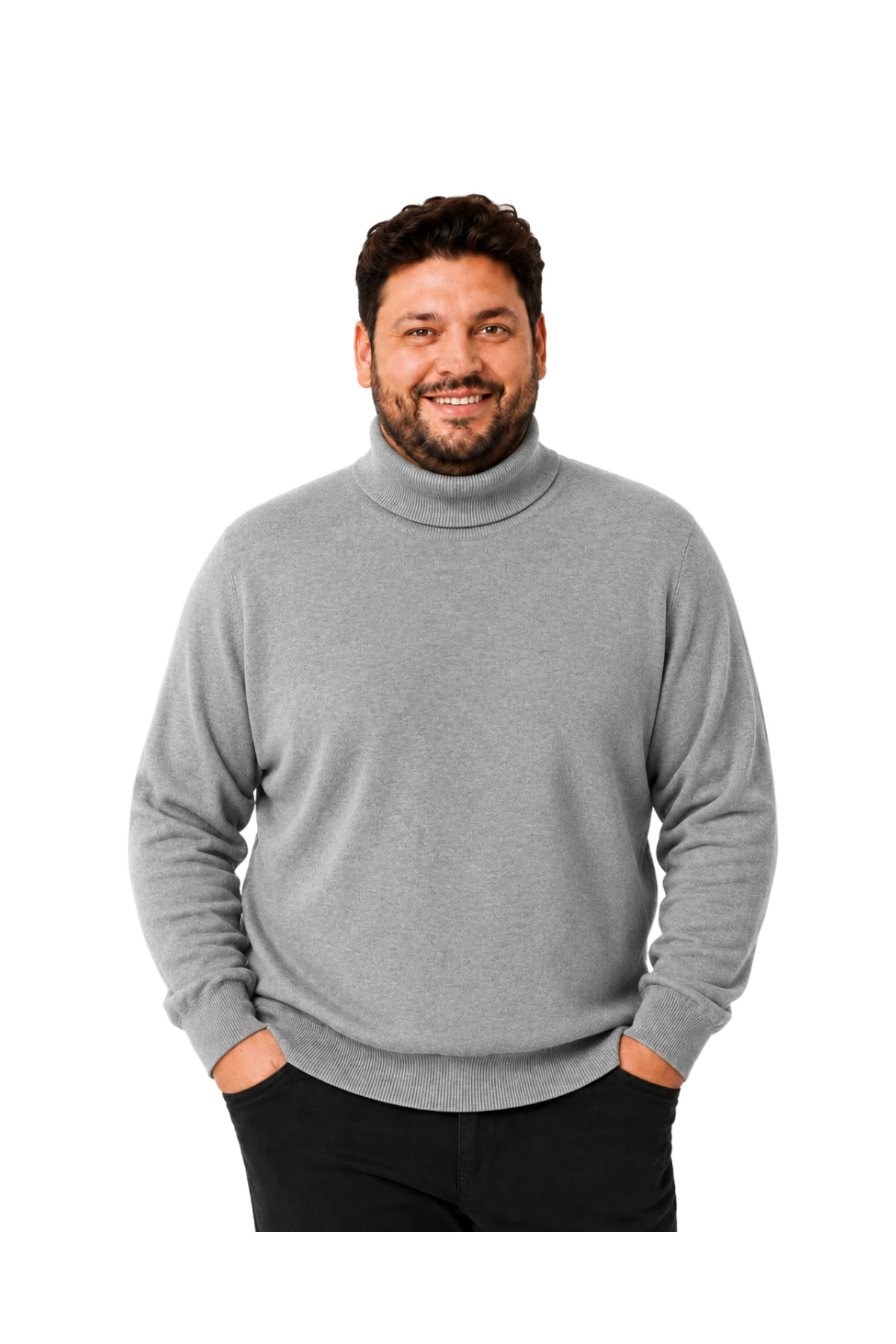 BattalModa Erkek Büyük Beden Gri Tam Balıkçı Pamuklu Kazak 3XL-4XL-5XL-6XL