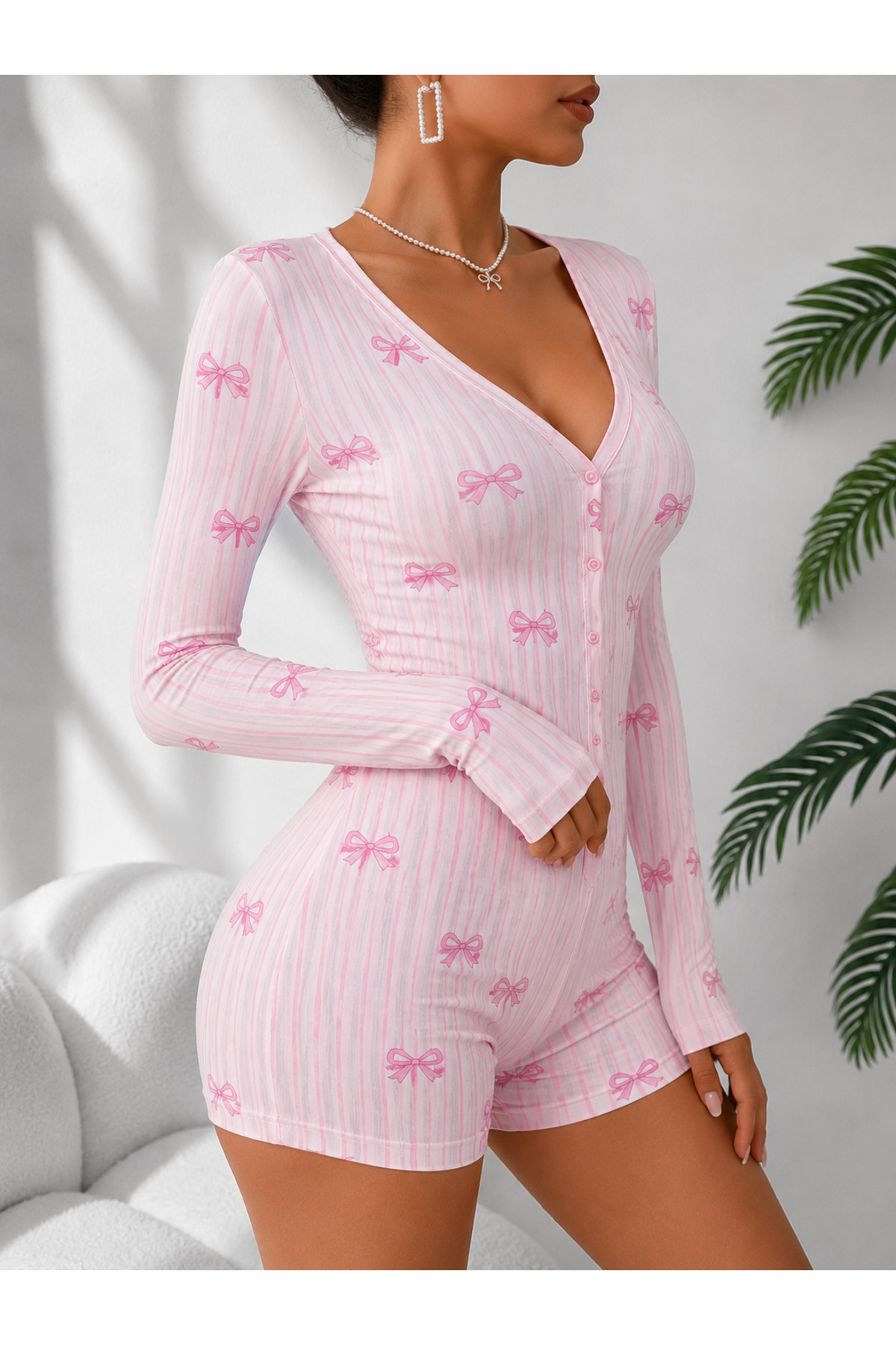 the DIFFerent Pembe Fiyonk Desenli Uzun Kollu Pijama Tulumu
