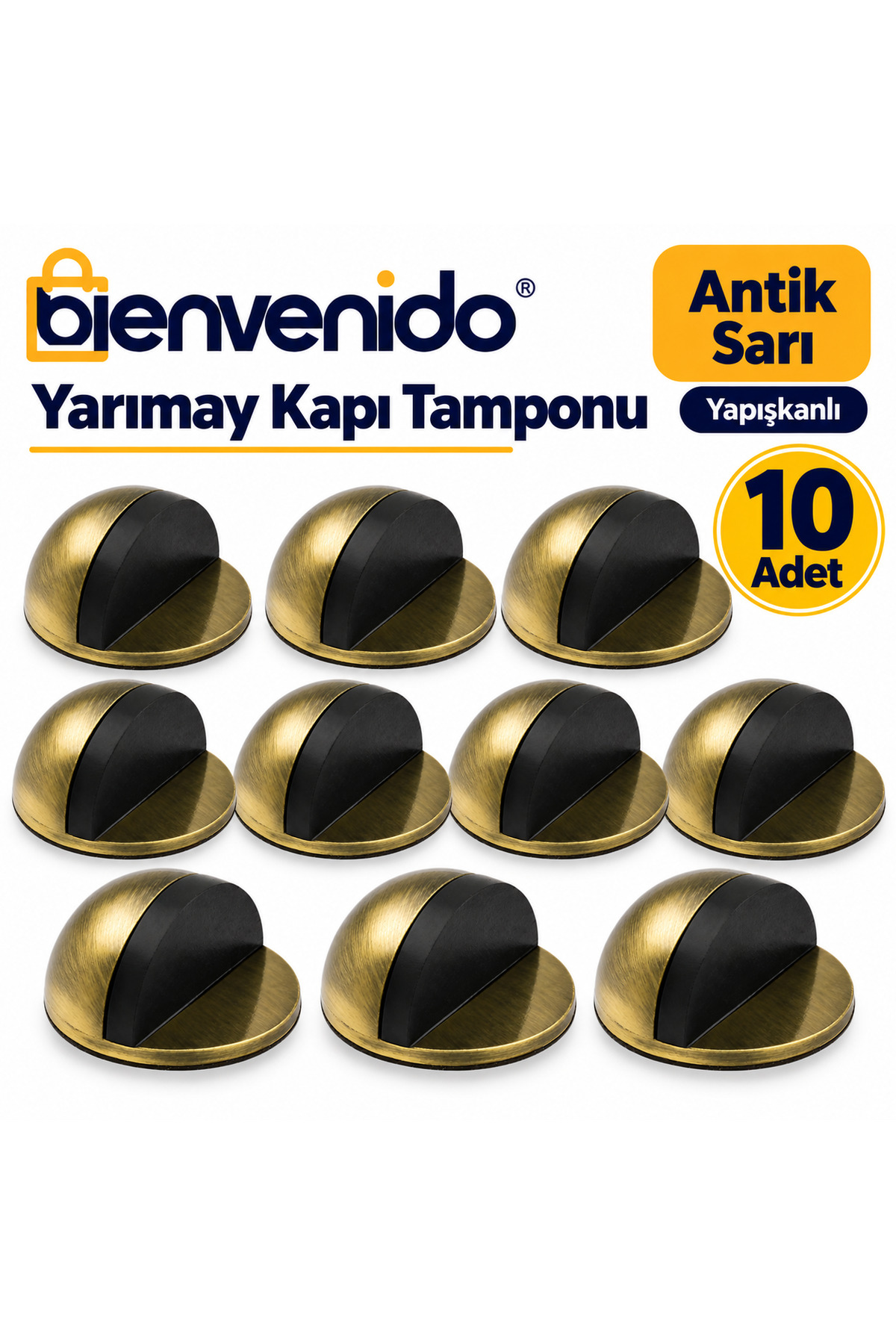 Yarımay Yapışkanlı Kapı Kolu Stoperi Tamponu Metal Kapı Stopu Durdurucu Tutucu Tutacağı Antik Sarı 10'lu
