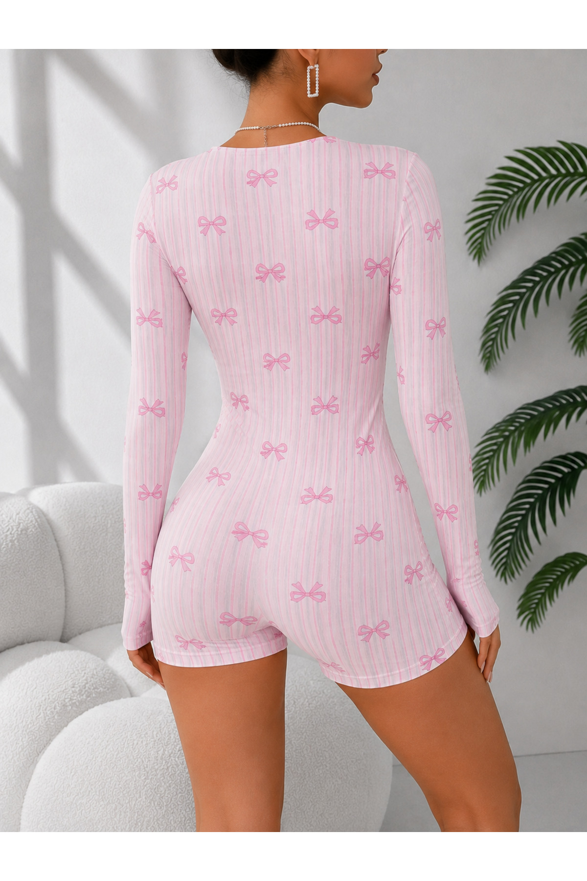 the DIFFerent Pembe Fiyonk Desenli Uzun Kollu Pijama Tulumu görsel 4