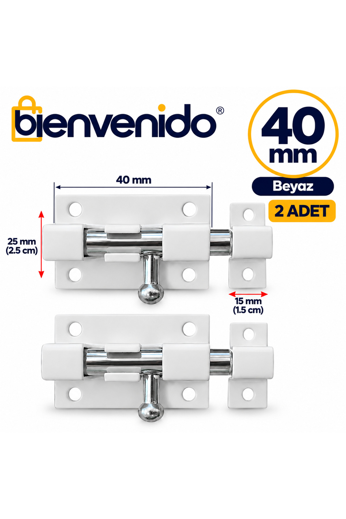 Kapı Sürgüsü Küçük Metal Beyaz Mavzer Sürgü Sürgülü Kilit 25x40 Mm 2'li BIE-SUR-40-2L, one size
