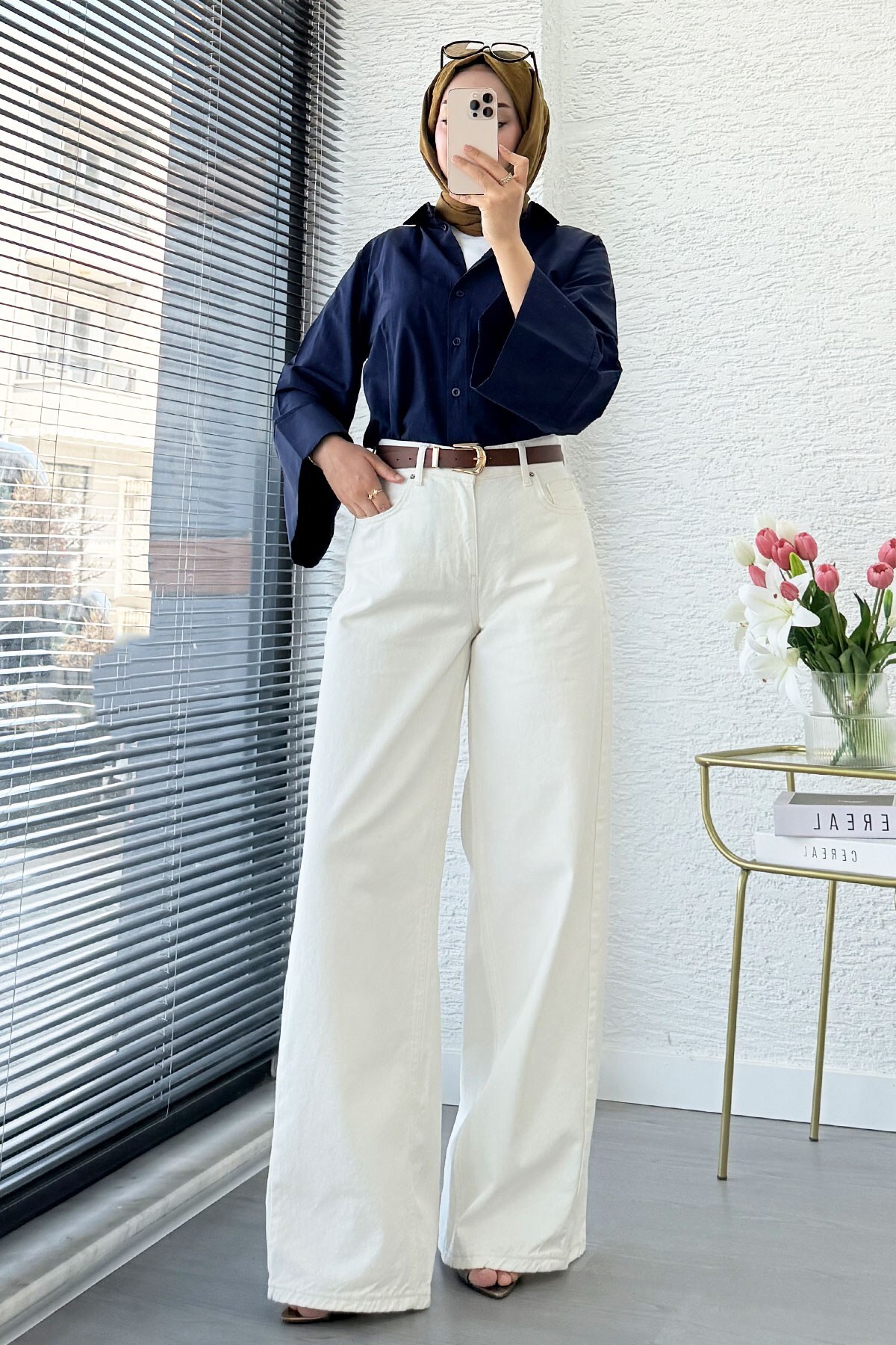 MELEK ARAZ Premium Yandan Dikişli Palazzo Jean Pantolon - Beyaz görsel 7