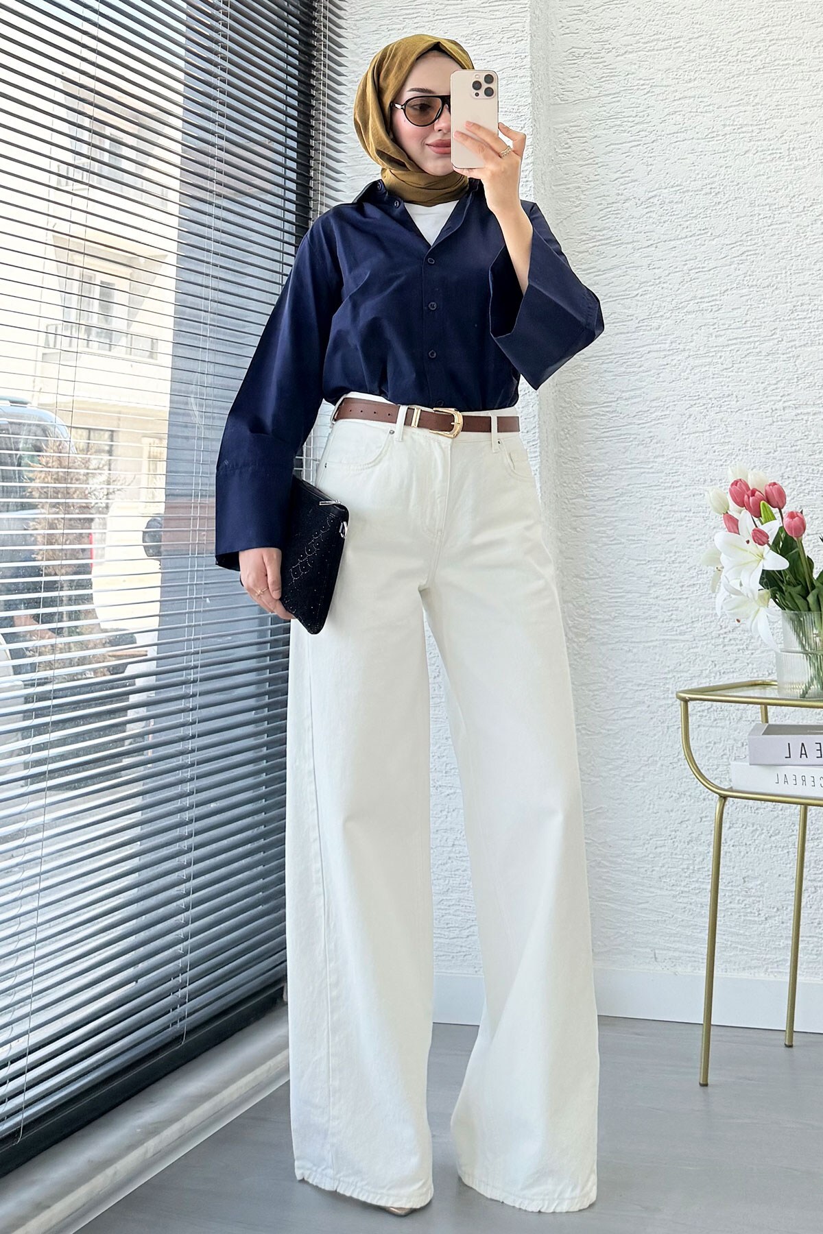 MELEK ARAZ Premium Yandan Dikişli Palazzo Jean Pantolon - Beyaz görsel 2