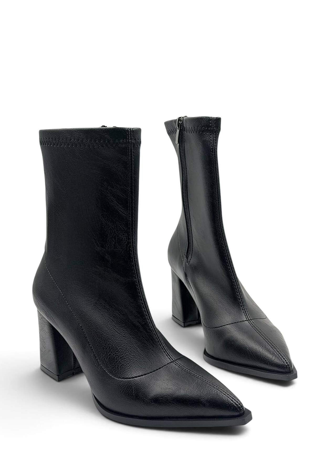 besoin shoes store Kaymaz Taban Fermuar Detaylı Kalın Topuklu Streç Kadın Bot Siyah 9 cm görsel 4