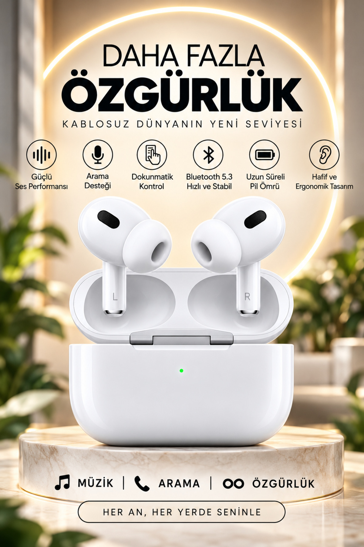 Happy Owl Bluetooth Kulaklık 5.3 Kablosuz Kulak İçi Kulaklık Dokunmatik Kontrollü Şarj Kutulu Type-C iOS Android Uyumlu Beyaz
