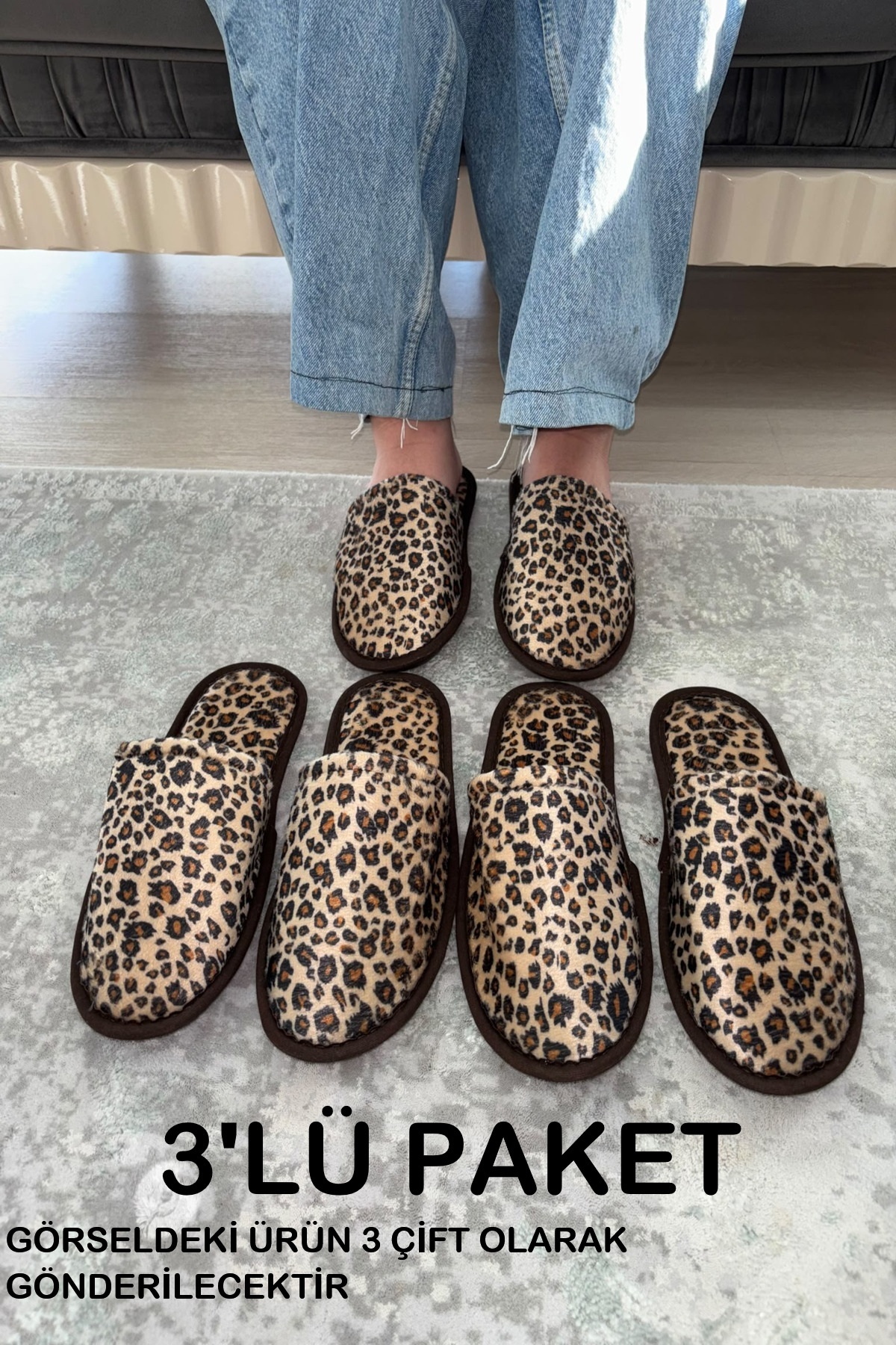 YILDIZ SHOES 3 Çift Kadın Ev terliği Leopar Desen Misafir Çeyiz Bohça Terliği
