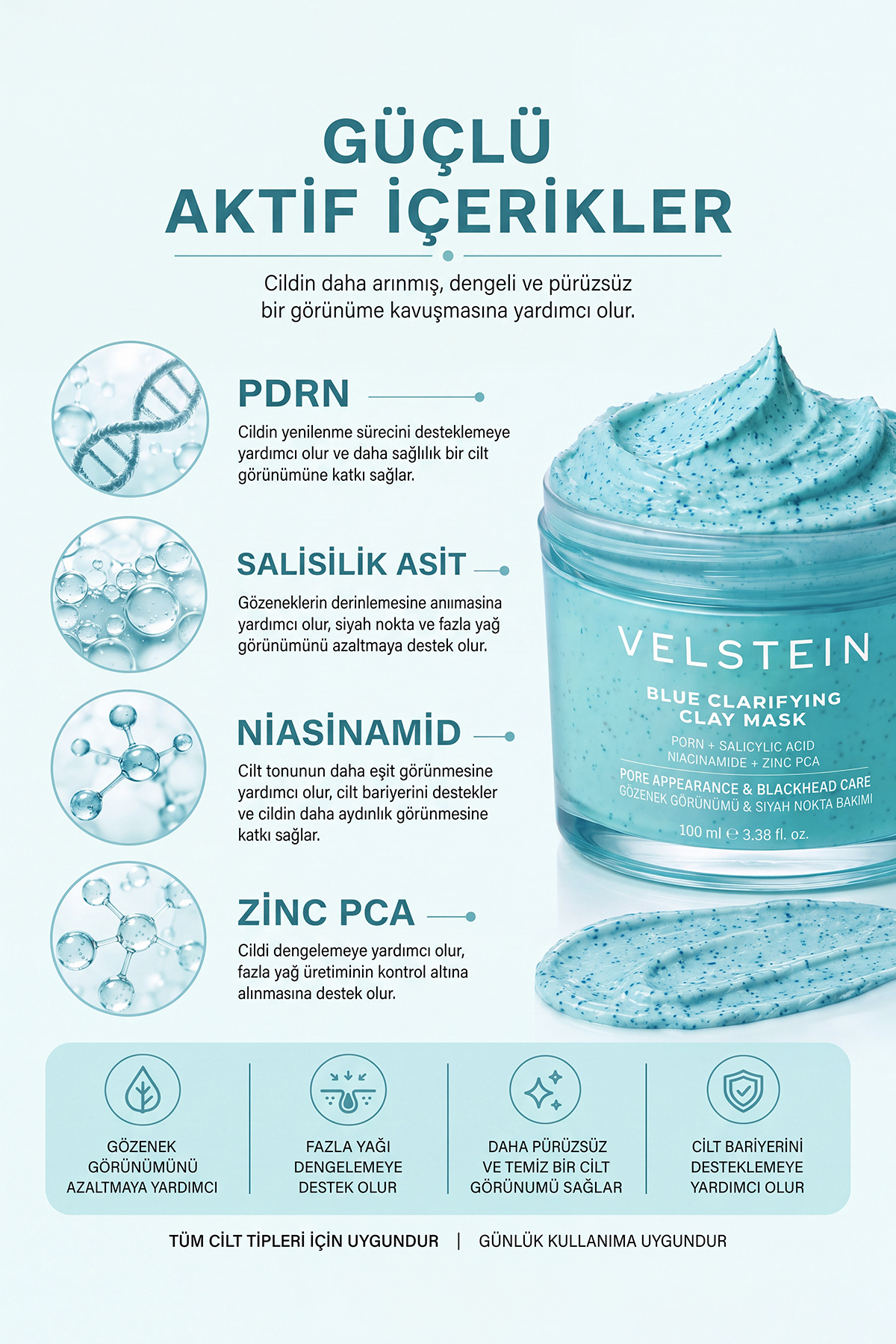 Sıfır gözenek siyah nokta gözenek ve yaşlanma karşıtı Mavi Kil Maskesi 100 ml | PDRN + Salisilik Asit + Niasinamid + Zinc PCA — 878765654 — تصویر 3 از 7