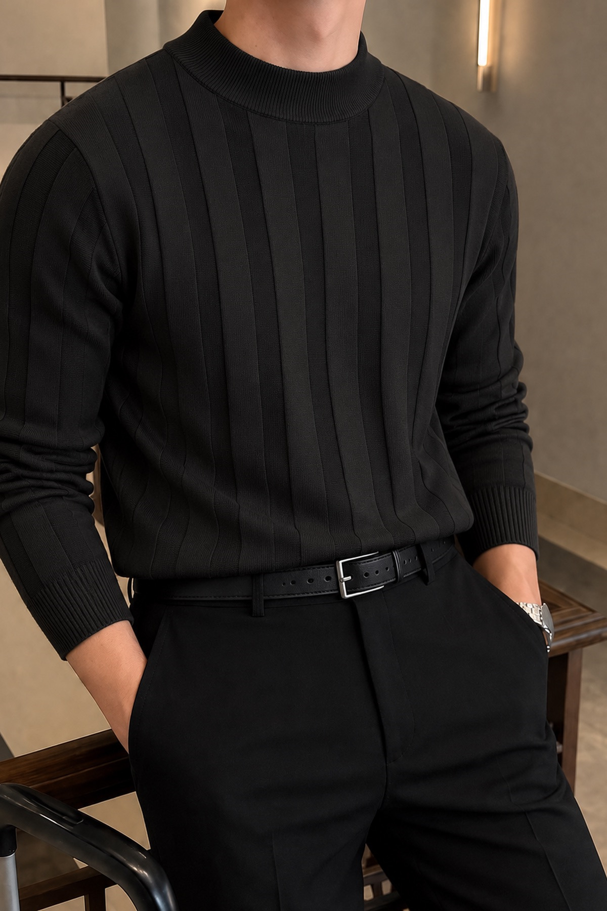 Erkek Regular Kalıp Yarım Boğazlı Merserize Kazak Sweatshirt — مشکی 02446
