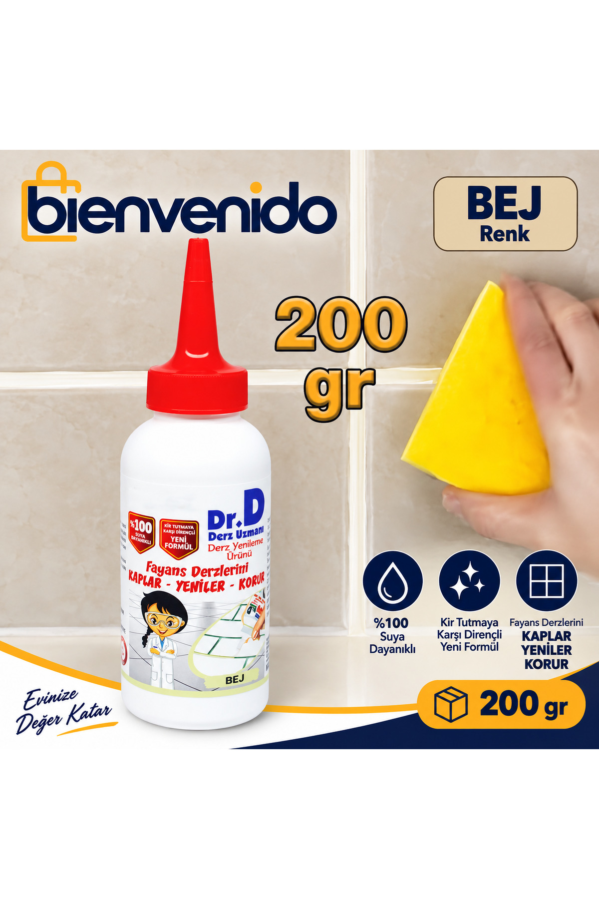 Fayans Arası Bej Hazır Derz Dolgusu 200 gr Tamir Derz Yenileme Dolgusu BIE-DER-200-BEJ-001, one size