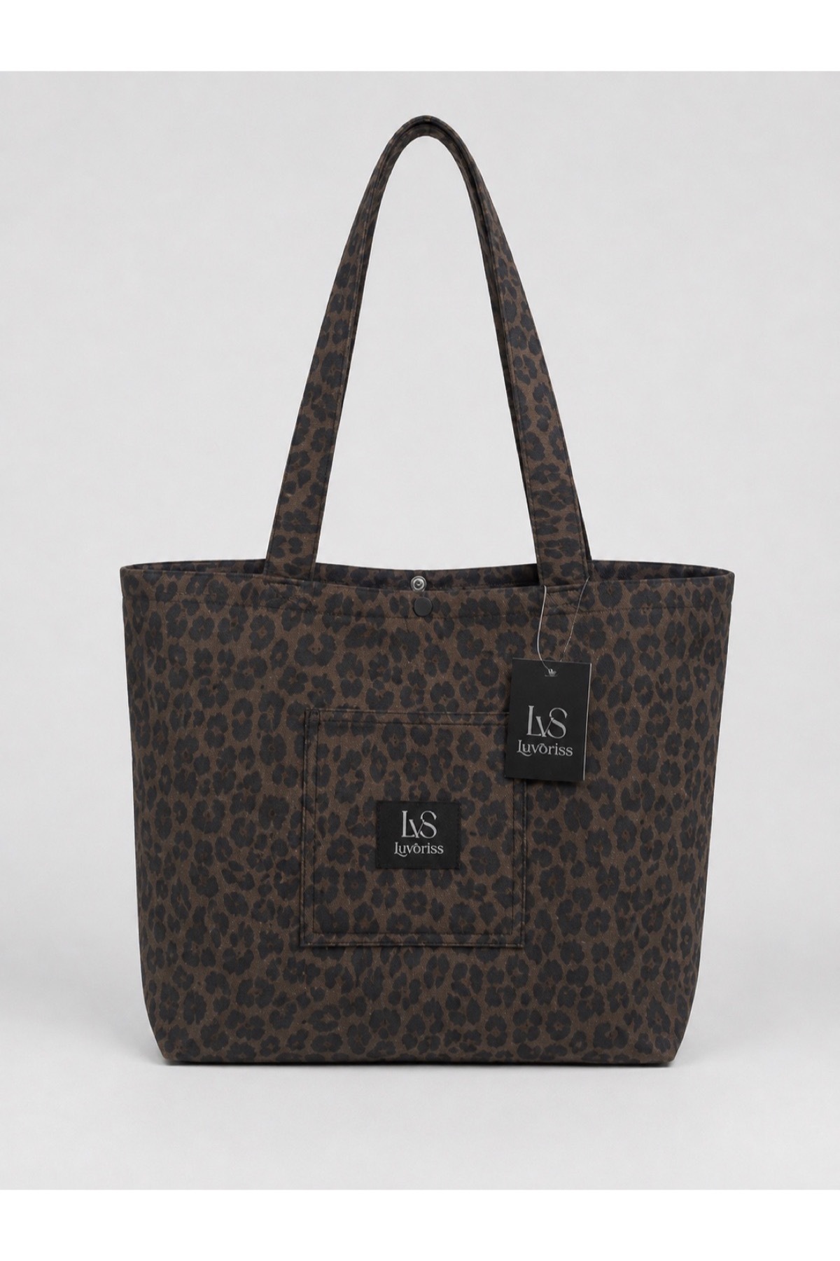 Lvs Luvoriss Koyu Kahverengi Leopar Desenli Kanvas Ön Cepli Tote Çanta Kadın Omuz Çantası (35x50)