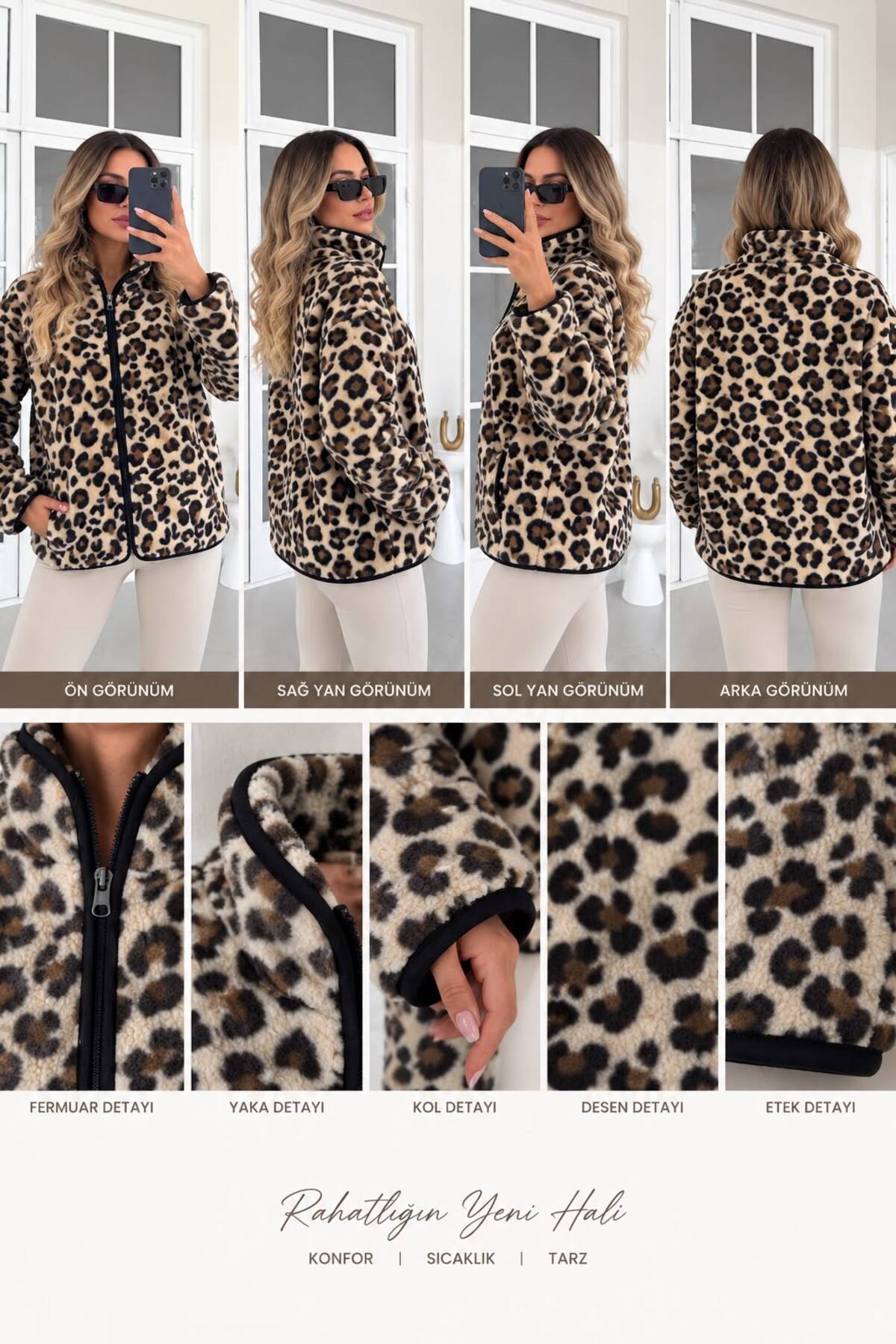 FioriModa Leopar Leopar Desenli Fermuarlı Polar görsel 2