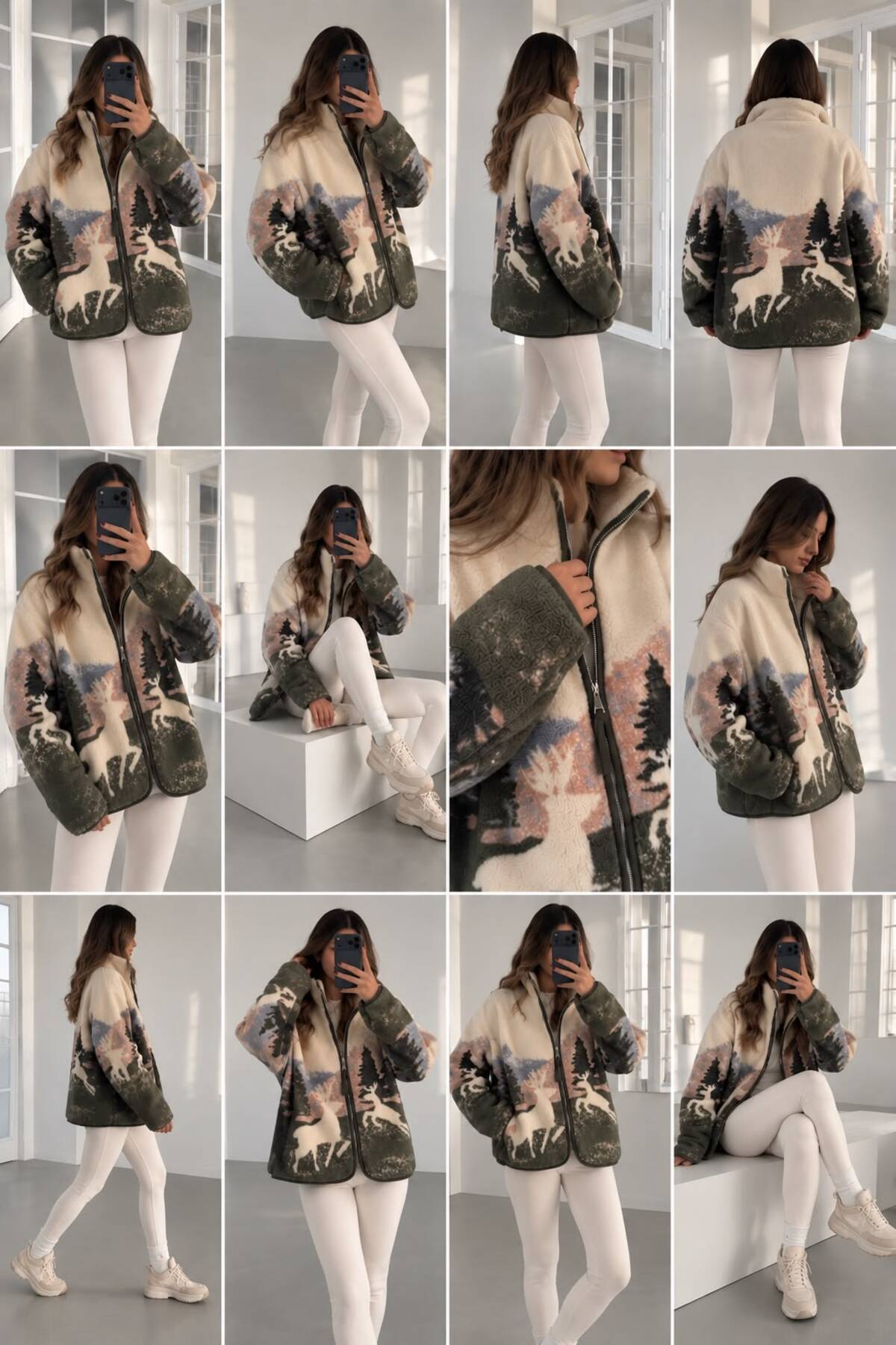 FioriModa Yeşil Geyik Desenli Fermuarlı Polar görsel 2