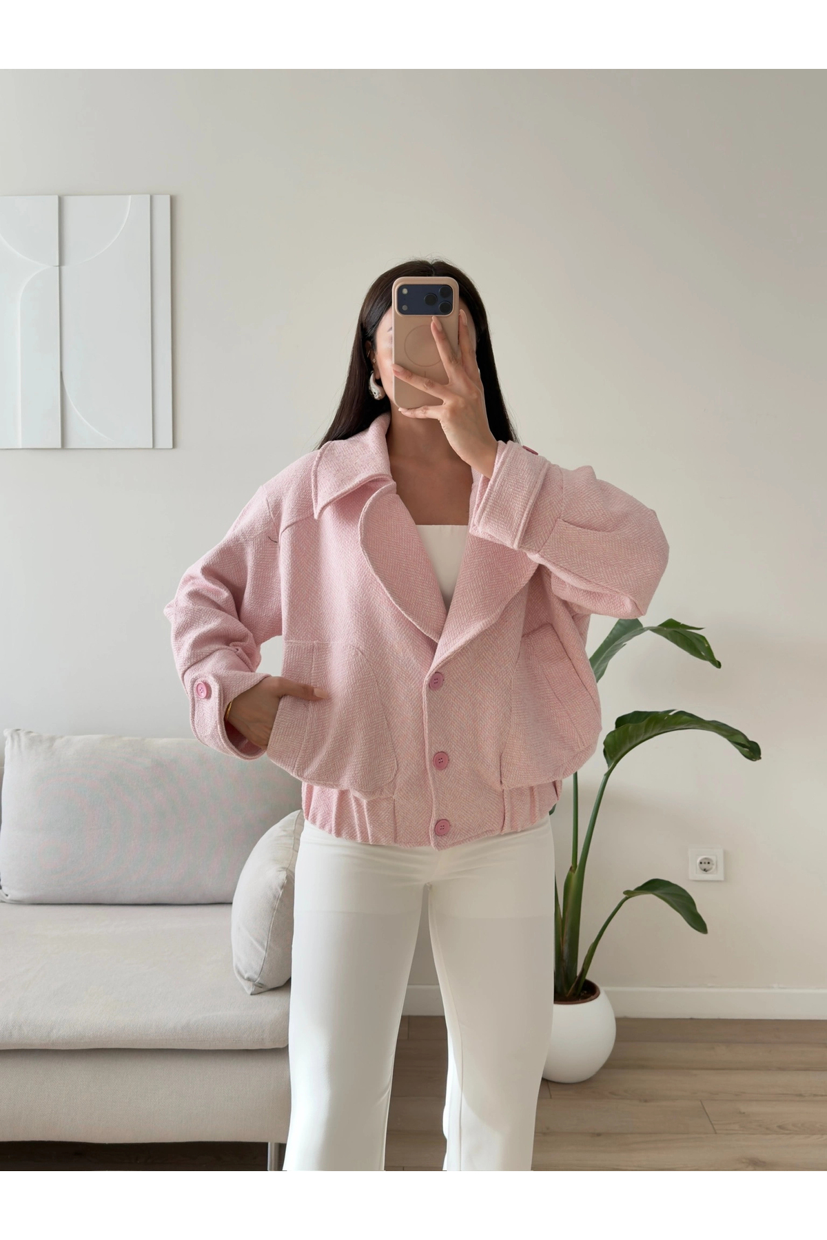 Zoom Butik Balıksırtı Premium Bomber Ceket - PEMBE görsel 3