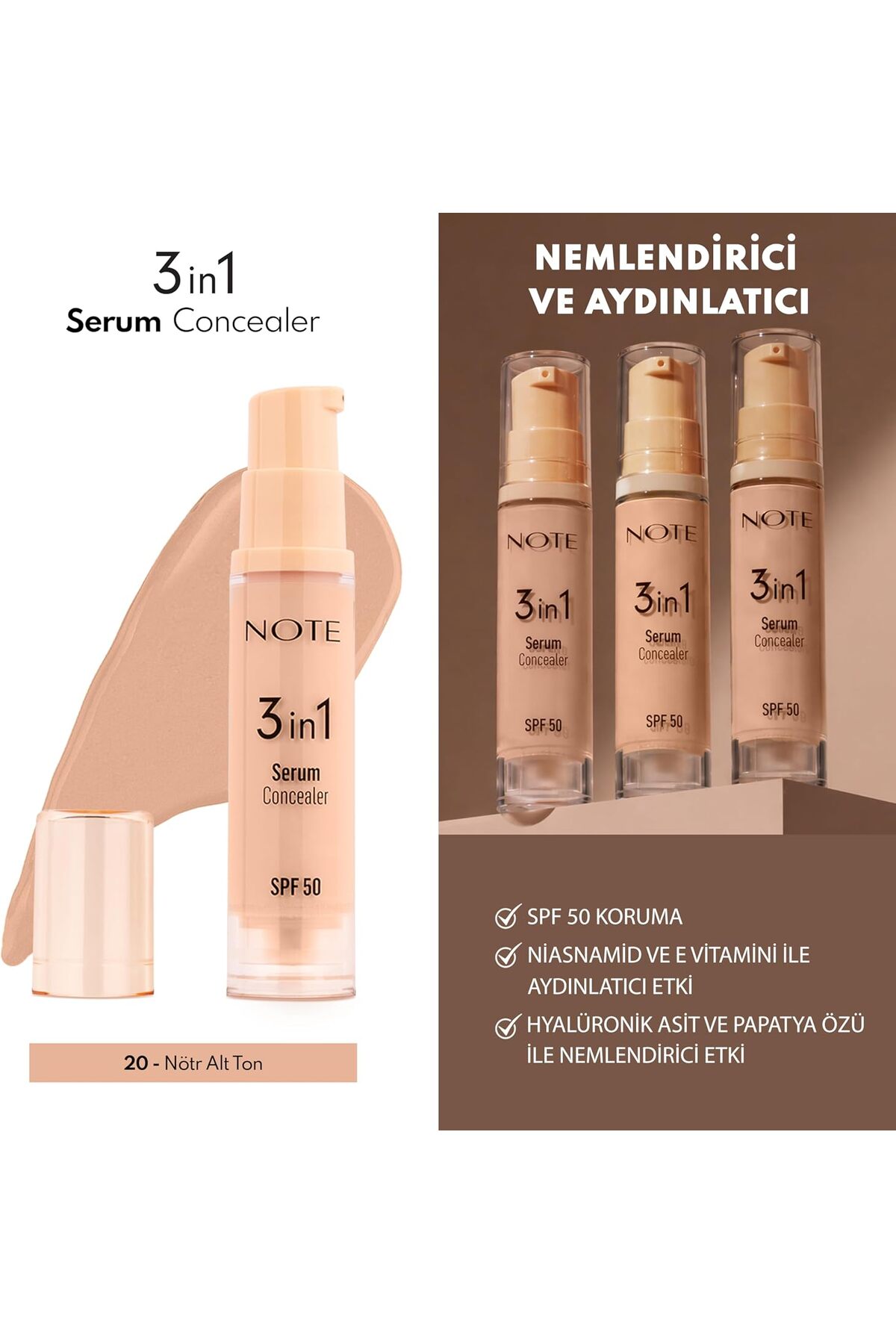 Note Cosmetics3 in 1 Serum Concealer 20 Medium Beige SPF 50 Nemlendirici ve Aydınlatıcı Göz Altı Kap — 8693298479348 — تصویر 3 از 4
