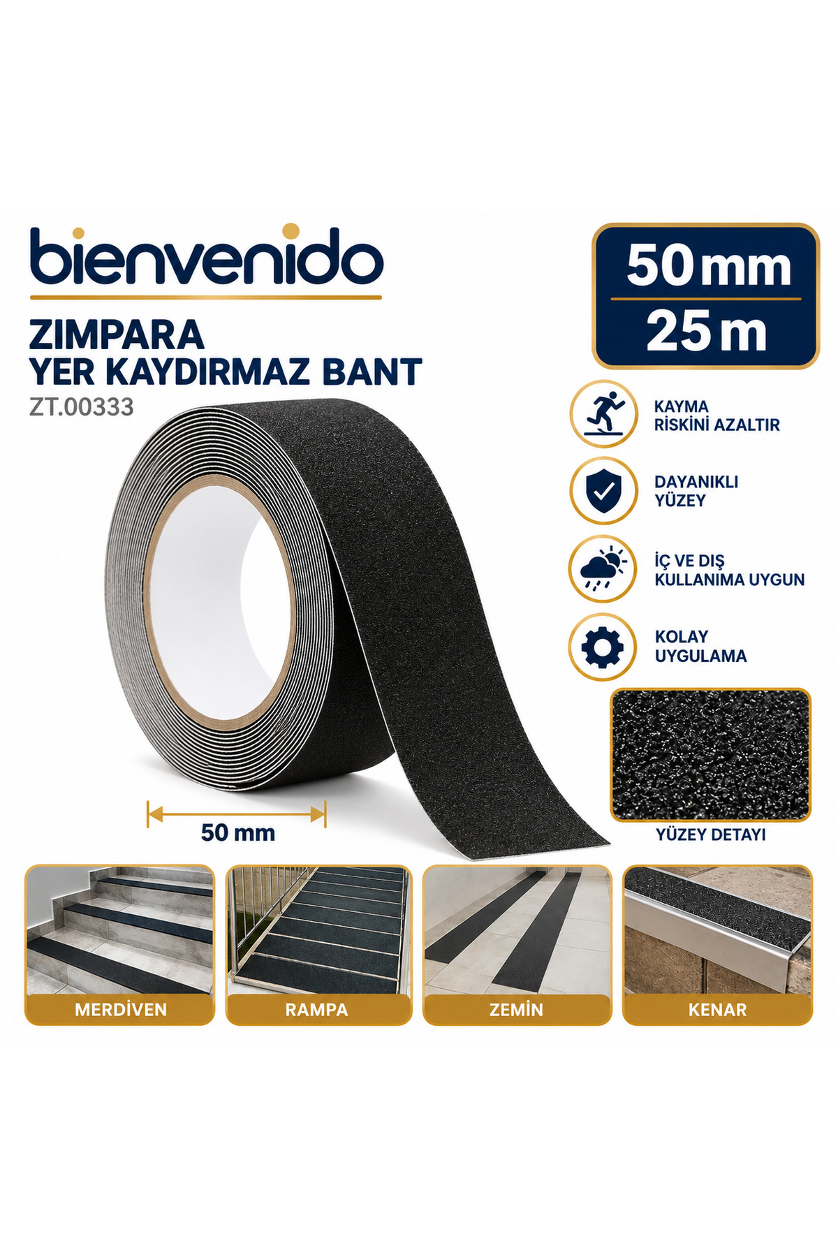 Merdiven Zemin Kaydırmaz Bant Yapışkanlı (5 CM X 25 METRE) Yer Zemin Kaymaz Bandı Siyah