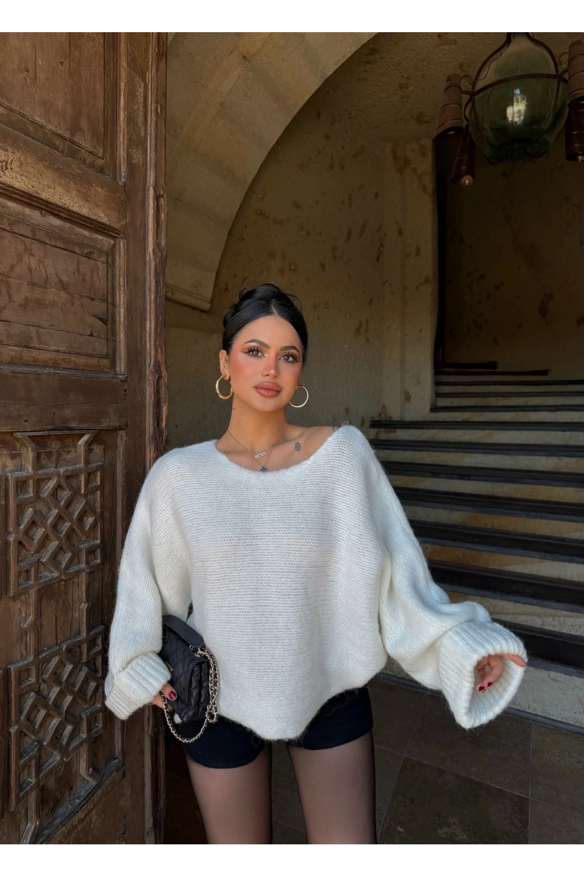 kırmızı butiks Ekru Batwing Oversize Triko Kazak