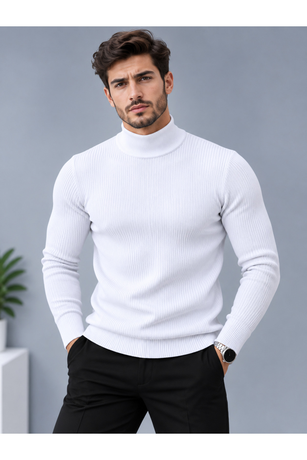 ژاکت بافتنی مردانه یقه اسکی طرح دار سفید و ظریف — سفید Tr8950