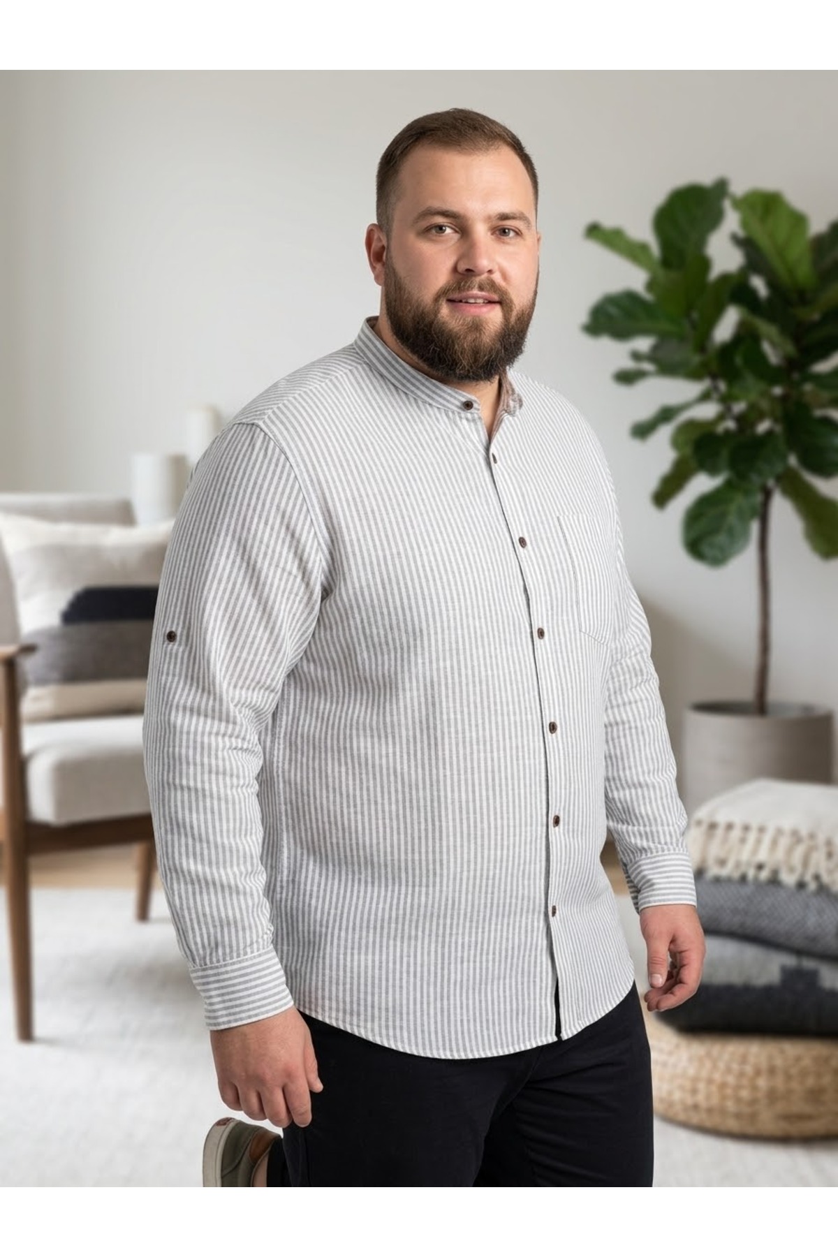 Chordi Erkek Büyük Beden Battal Slim Fit Uzun Kollu Keten Hakim Yaka Gömlek
