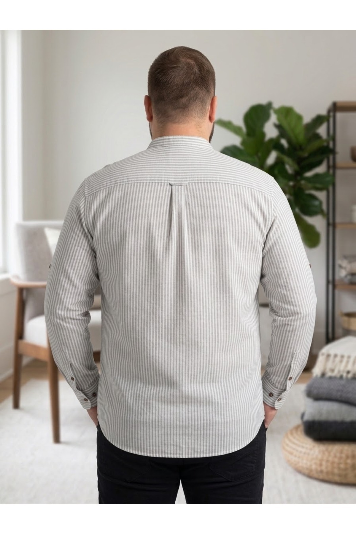 Chordi Erkek Büyük Beden Battal Slim Fit Uzun Kollu Keten Hakim Yaka Gömlek görsel 3