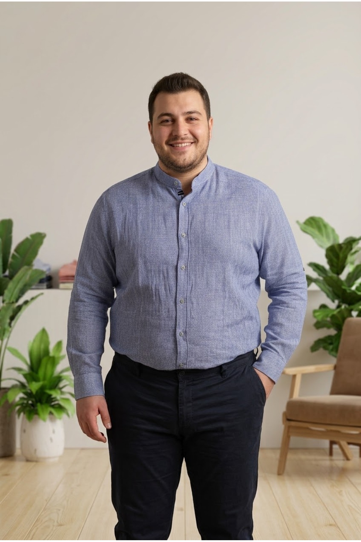 Chordi Erkek Büyük Beden Battal Slim Fit Uzun Kollu %100 Pamuk Hakim Yaka Gömlek görsel 2