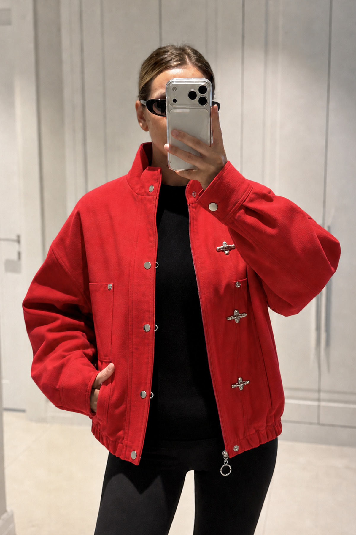 MANMARK Japon Düğmesi Detaylı Dik Yaka Gabardin Kumaş Oversize Kanvas Kadın Bomber Ceket görsel 4