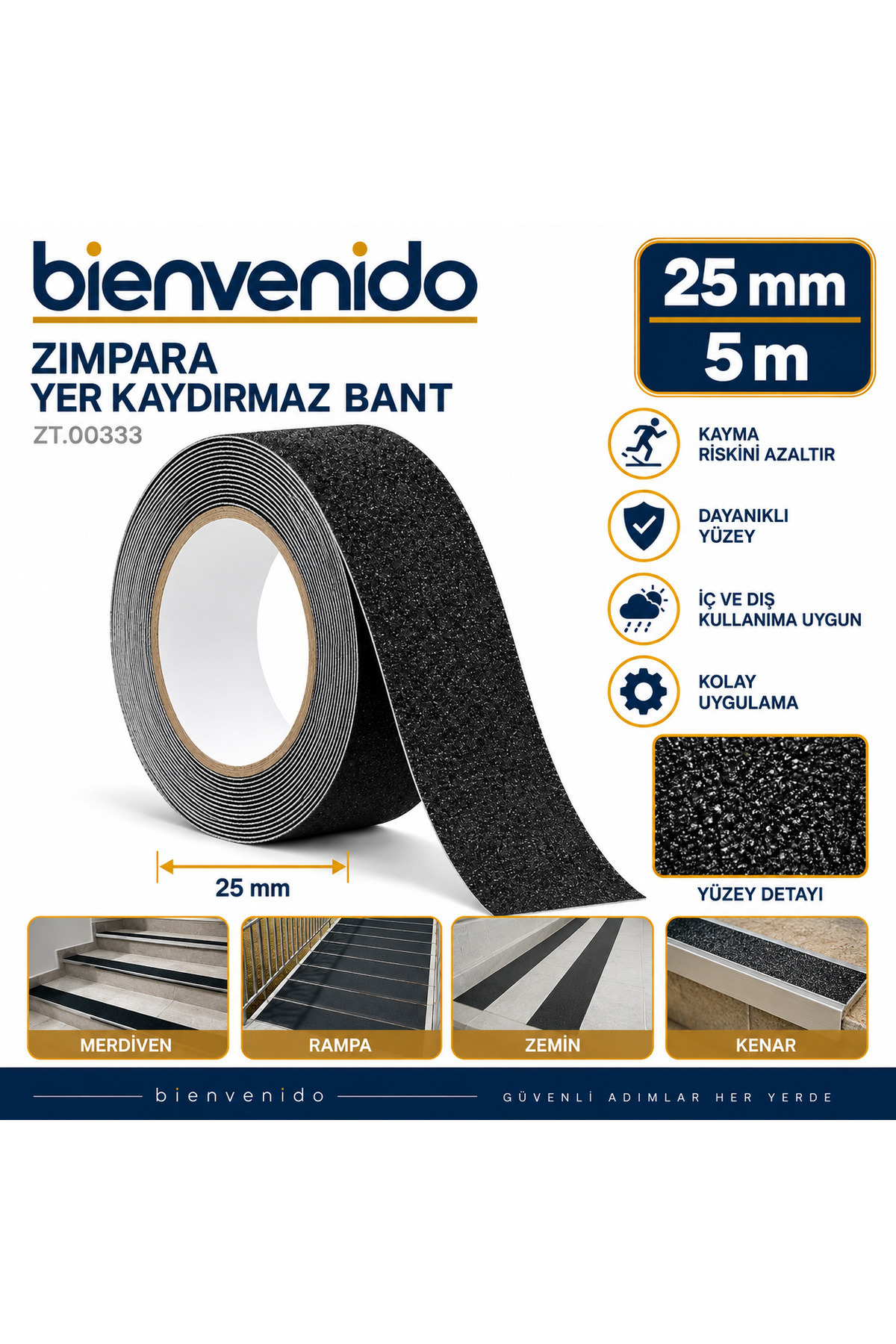 Merdiven Zemin Kaydırmaz Bant Yapışkanlı (2,5 CM X 5 METRE) Yer Zemin Kaymaz Bandı Siyah