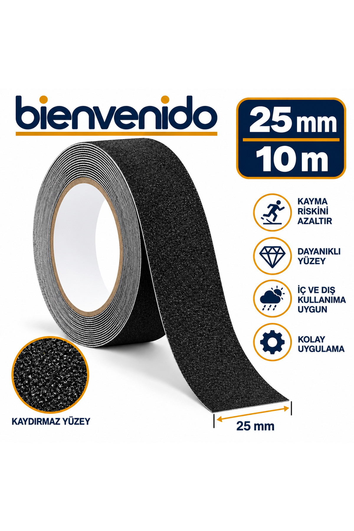 Merdiven Zemin Kaydırmaz Bant Yapışkanlı (2,5 CM X 10 METRE) Yer Zemin Kaymaz Bandı Siyah