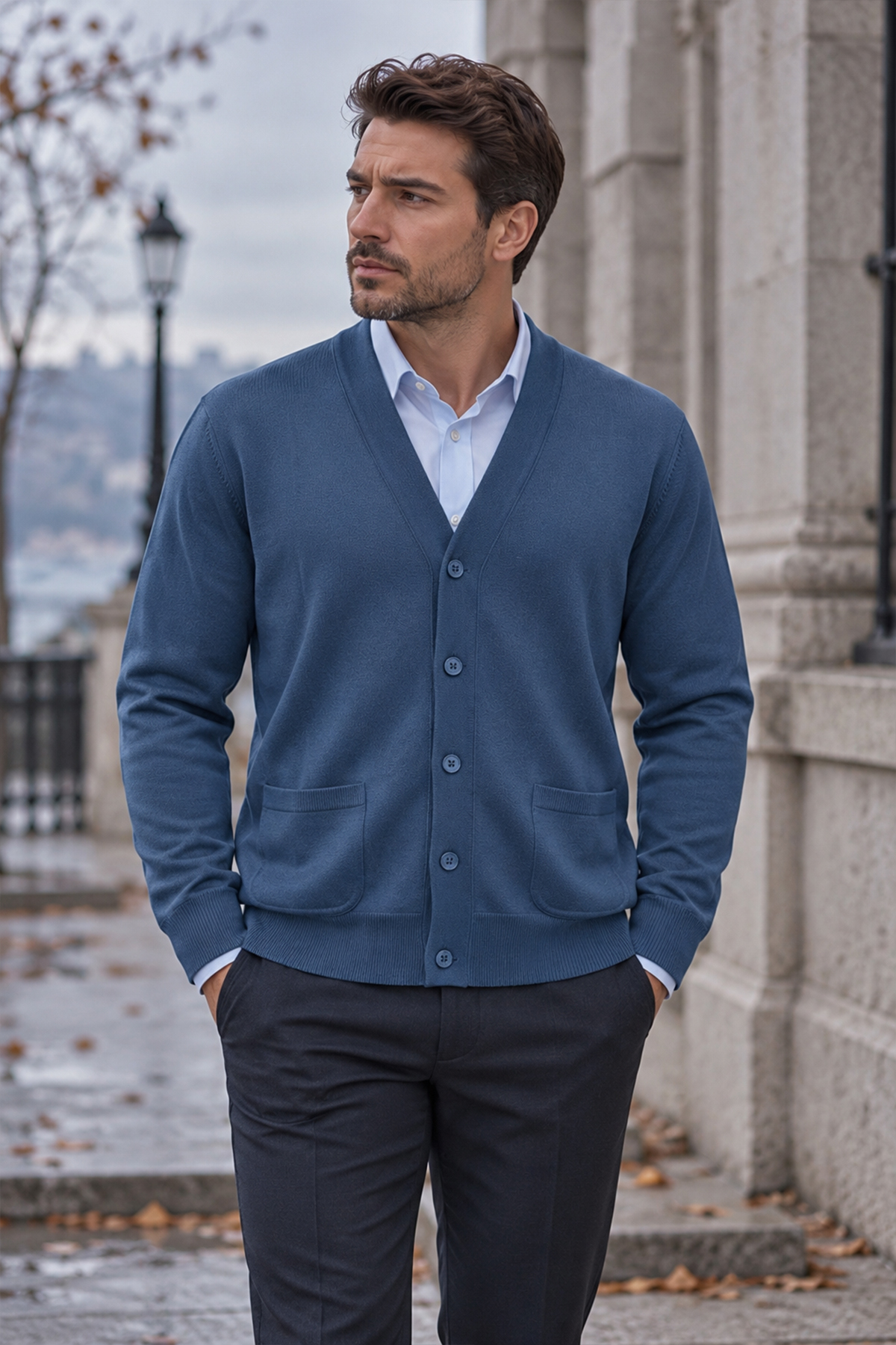 Beyome Erkek %100 Cotton V Yaka Düğmeli Hırka-Süveter Yandan Cepli Triko Günlük Şık Rahat Kesim