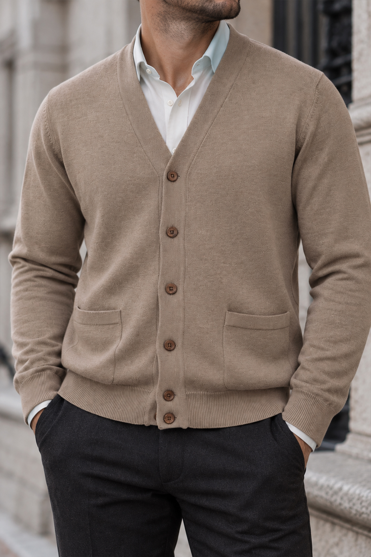 Beyome Erkek %100 Cotton V Yaka Düğmeli Hırka-Süveter Yandan Cepli Triko Günlük Şık Rahat Kesim görsel 2